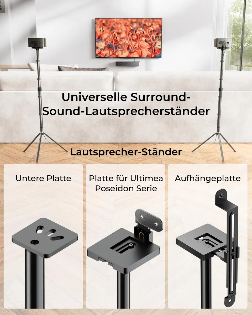 ULTIMEA 2er Set Universal höhenverstellbar, Schwarz Lautsprecher ständer, Boxenständer ausziehbar von 62 cm bis 93 cm für Satelliten & Regallautsprecher mit Einer Belastung bis zu 3 kg, Steady 310