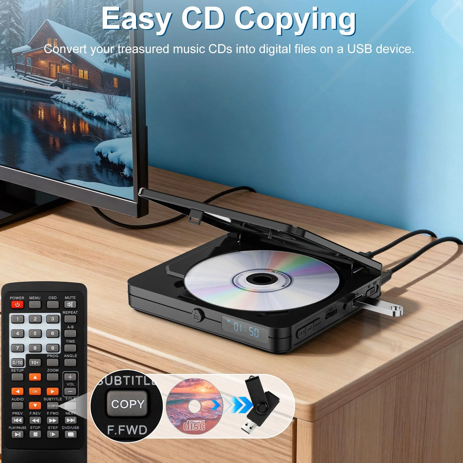 Mini-DVD-Player mit Fernbedienung – für alle Regionen frei 1080P HD kleiner kompakter CD-DVD-Player für Smart-TV und Projektor, mit HDMI-Ausgang, Kopfhöreranschluss, USB 2.0-Eingang, PAL