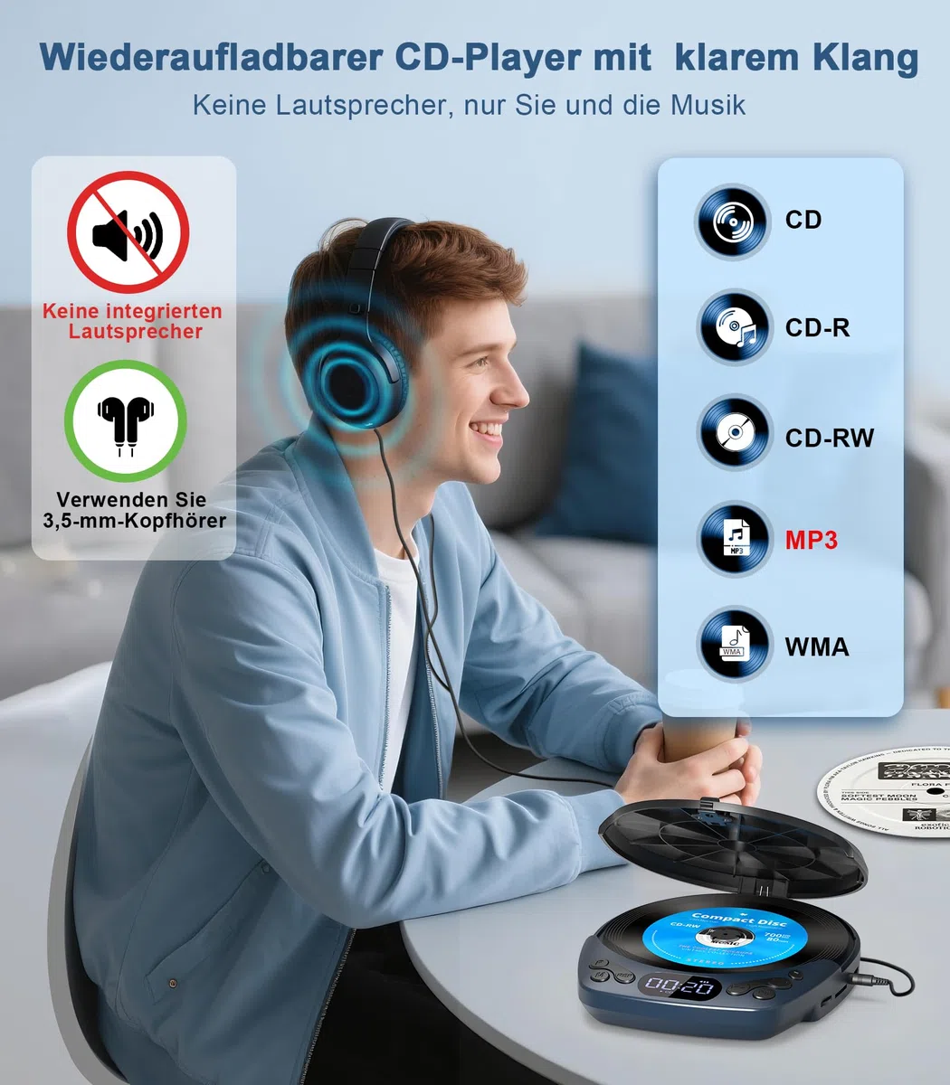Greadio CD Player Tragbar mit Kopfhörer, Wiederaufladbarer Discman-CD-Player für Auto und Zuhause, Walkman CD-Spieler mit Anti-Skip-Funktion, Unterstützt CD/MP3/WMA/TF/AUX/Sperre