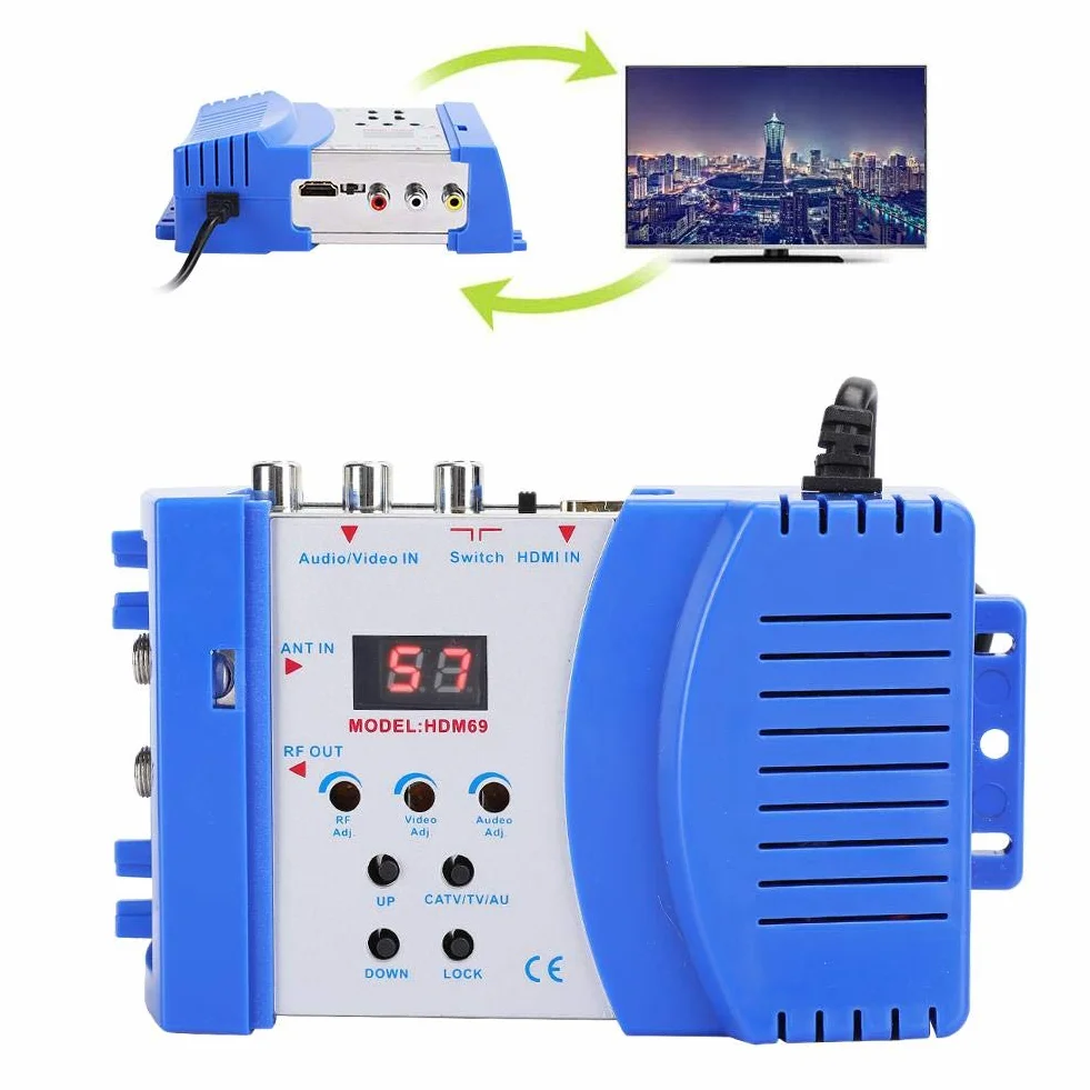 Professionell HDM69 Digitaler Modulator RF HDMI Modulator AV RF Wandler PAL NTSC Standardmodulator VHF UHF Betriebsfrequenz für Satellitenempfänger(EU Stecker 100-240V)