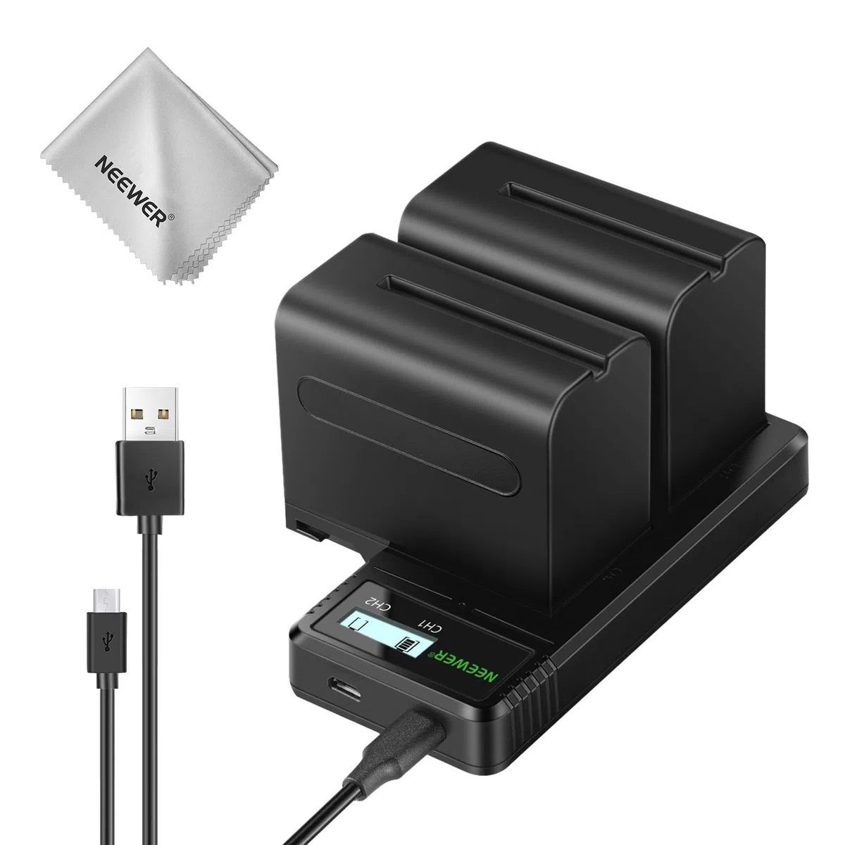 NEEWER 2 STK. NP-F970 7800mAh Ersatzakkus mit Ladegerät/Reinigungstuch, Kompatibel mit Sony NP-F970 F960 F950 F770 F750 F570 F550 FX3 FX30 A7 Canon R5 Nikon Z8 Kameras, für Handycam LED Licht