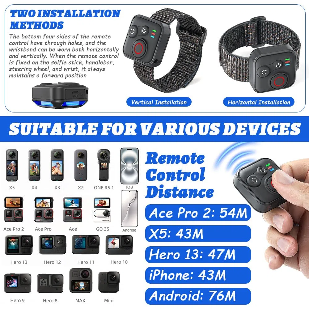 Bluetooth Fernbedienung für Insta360 X5/X4/X3/Ace Pro 2/Ace Pro/GO3S/GO3/GoPro Hero 13/12/11/IOS/Android, Smart Wireless Fernbedienung mit Handschlaufe zur USB-Ladekabel, Reichweite 50m