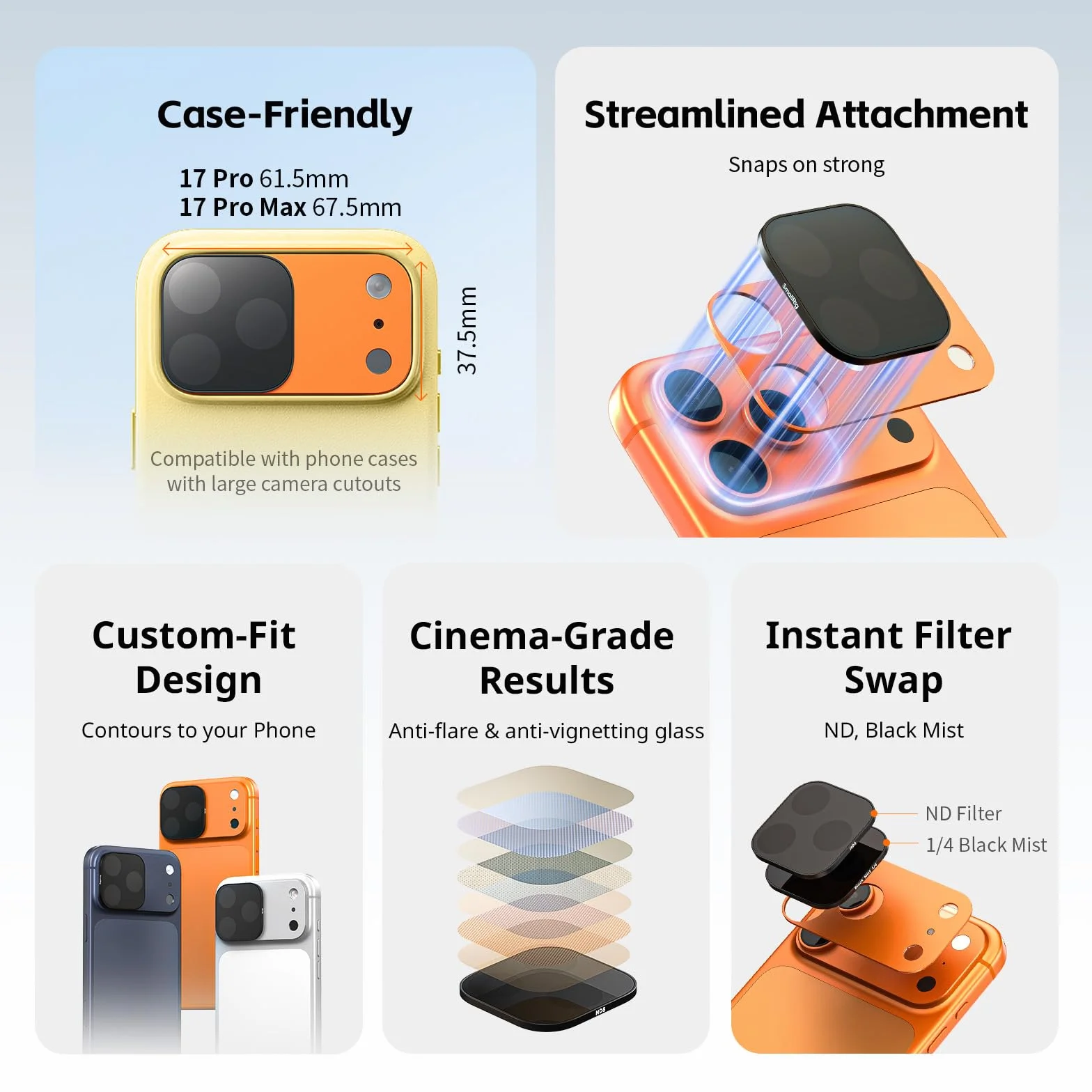 SMALLRIG Square ND & Black Mist Filter Kit für iPhone 17 Pro, Magnetische Objektivfilter mit Basishalterung, Black Mist Diffusion 1/4 Filter/ND2/ND4/ND8/ND16/ND32, 6er-Pack, Orange – 6072