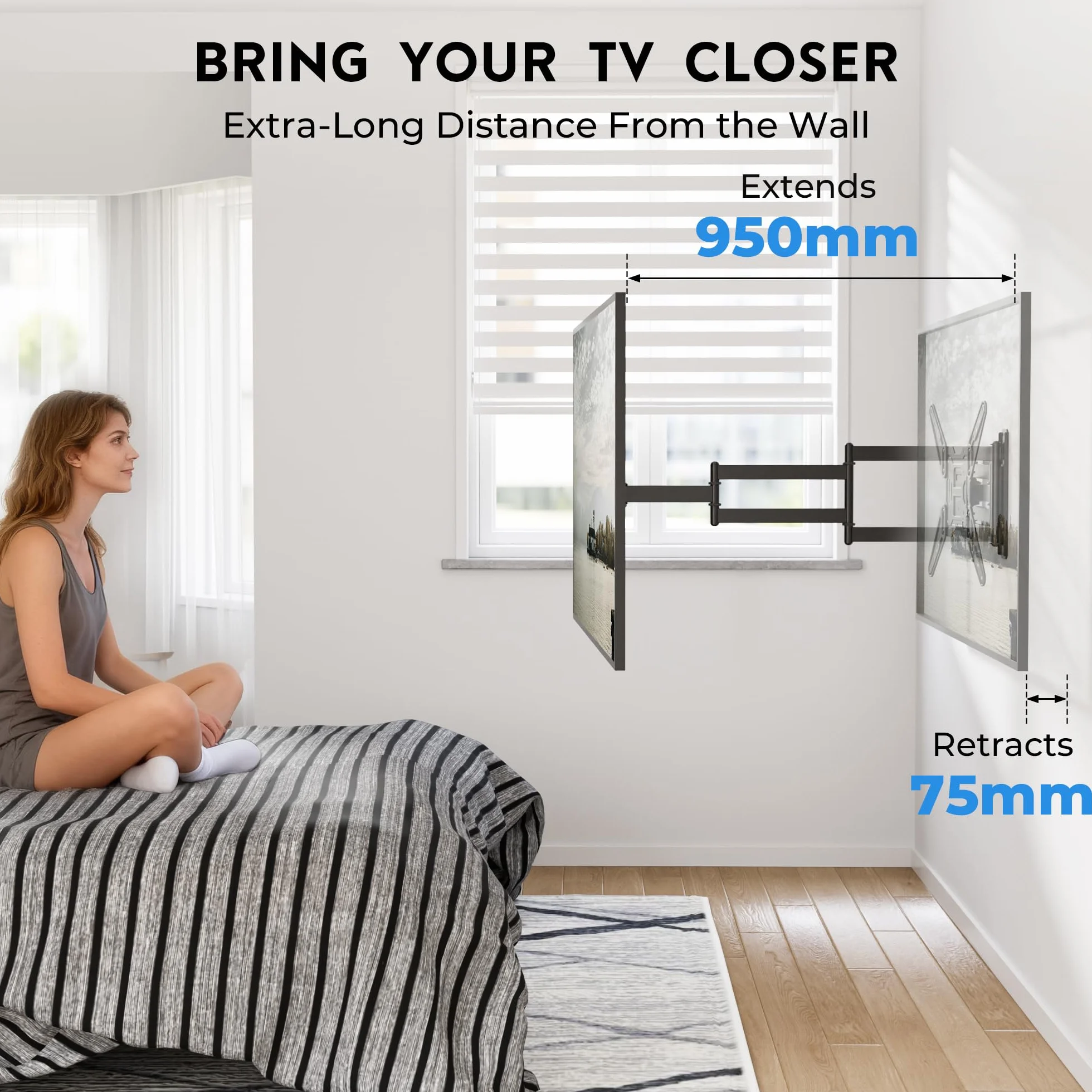 BONTEC Langarm TV Wandhalterung 950 mm Auszug für 26–65 Zoll Fernseher, voll bewegliche TV Halterung schwenkbar und neigbar, stabile Fernsehhalterung VESA 400x400 mm, bis 35 kg
