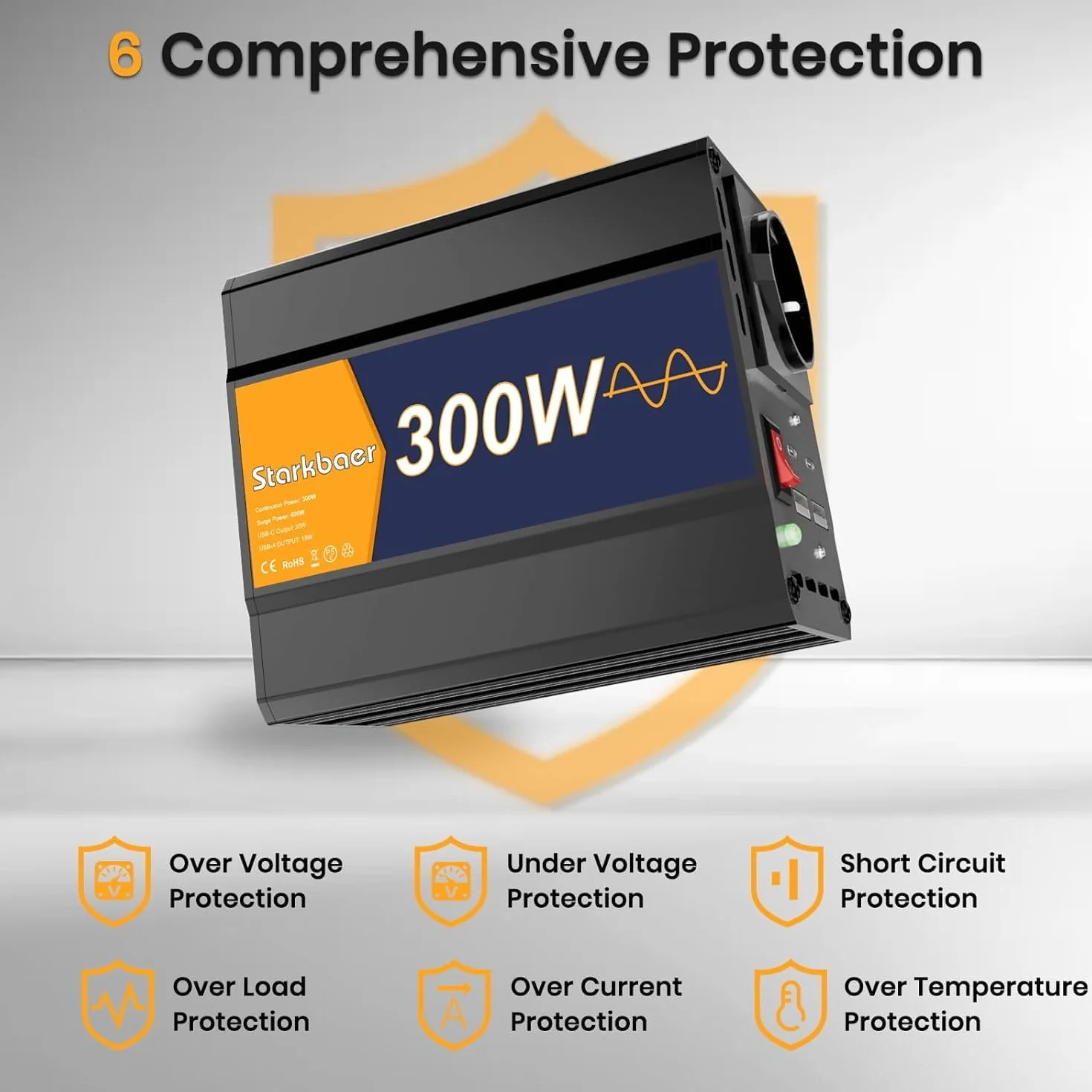 300W/600W Wechselrichter Reiner Sinus 12V auf 230V Spannungswandler, Pure sine Auto Inverter, 4X USB & 1xAC Steckdosen Stromwandler. Kfz-Zigarettenanzünder-Stecker, Alu-Legierung.