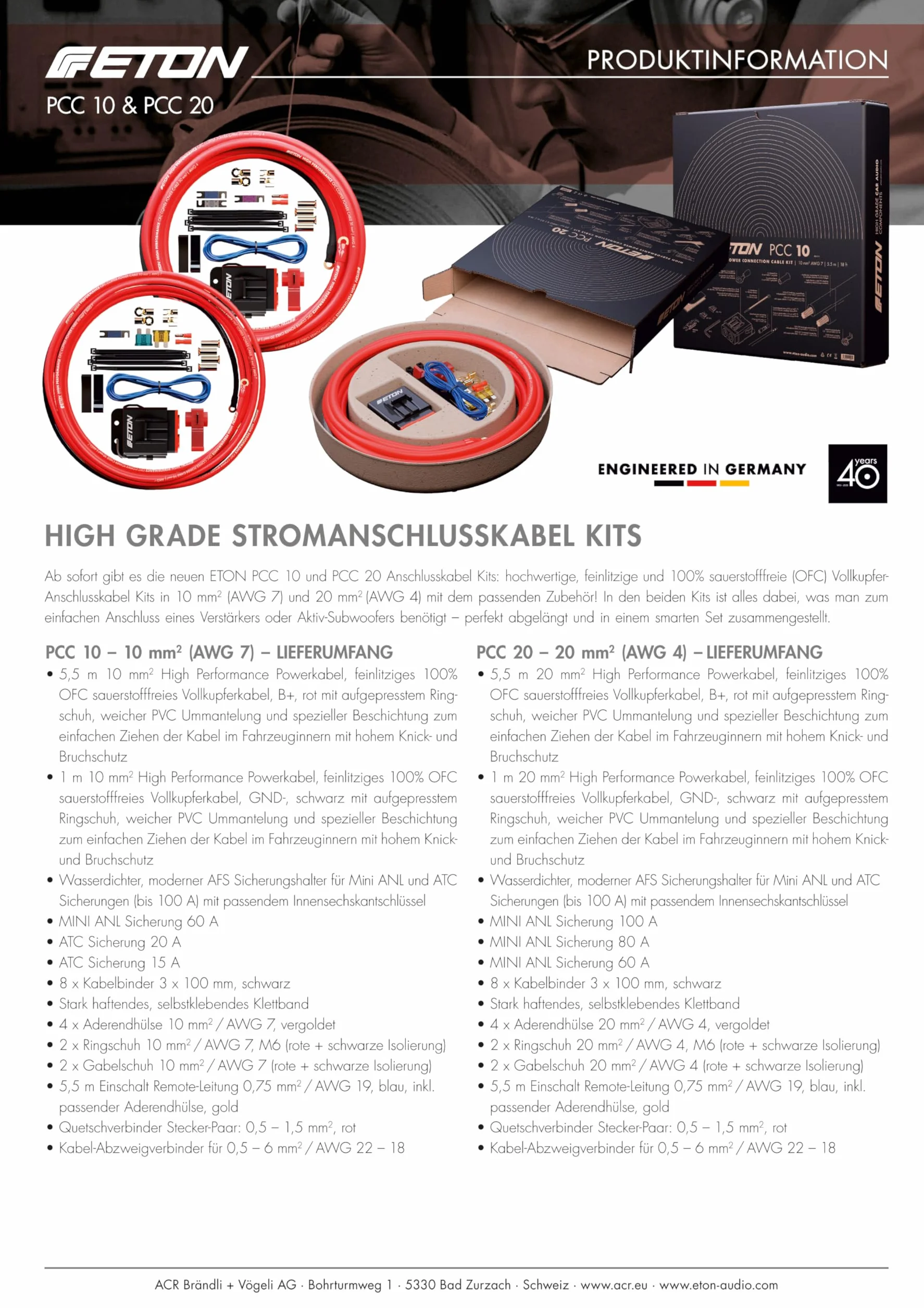 ETON PCC 20 – Hochwertiger Strom Anschluss Kabelsatz, 20 mm², Set zur Installation von Auto Verstärkern und Aktiv Subwoofern, Powerkabel Kit mit Sicherungen für Car HiFi Endstufen