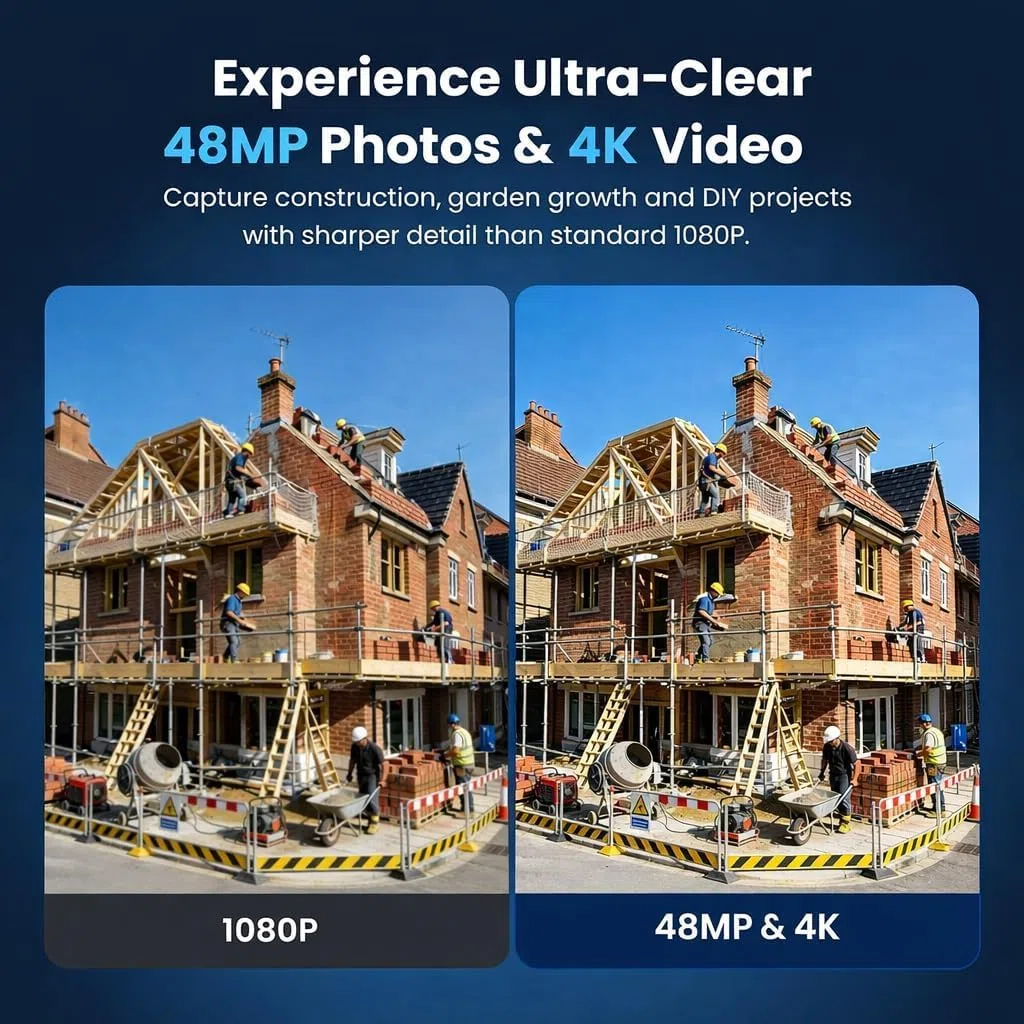 WiFi Zeitraffer Kamera 4K AVI Video, 48MP-Fotos Zeitrafferkamera mit LED-Fülllicht, 180 Tage Aufnahme Wiederaufladbare Time Lapse Kamera für Baustellen, Pflanzen, Gartenarbeit, Kochen (32GB-Karte)