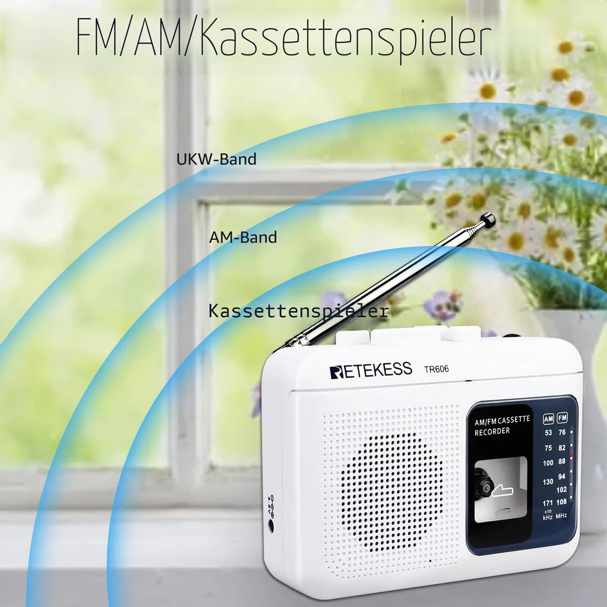 Retekess TR606 Tragbare Kassettenspieler,Tape Recorder,Kleines FM AM Radio,3,5 mm Kopfhöreranschluss,Schneller Vor- und Rücklauf,Alte Kassetten abspielen(Weiß)