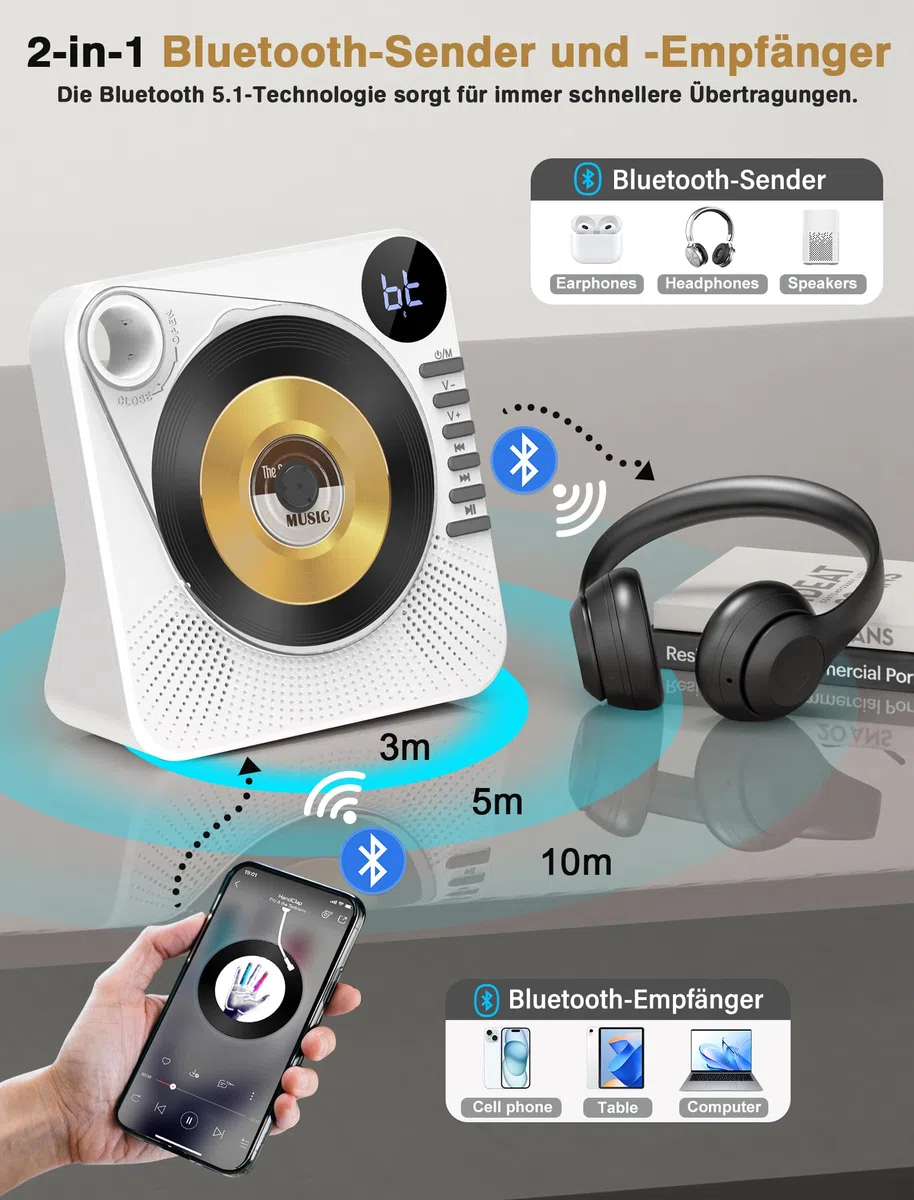 Greadio CD Player Tragbar mit Bluetooth 5.1, Kinder CD Spieler mit Lautsprecher, Fernbedienung, HiFi-Sound, Staubschutz, AUX/USB-Wiedergabe, Tragbarer cd Player für Zuhause (Weiß)