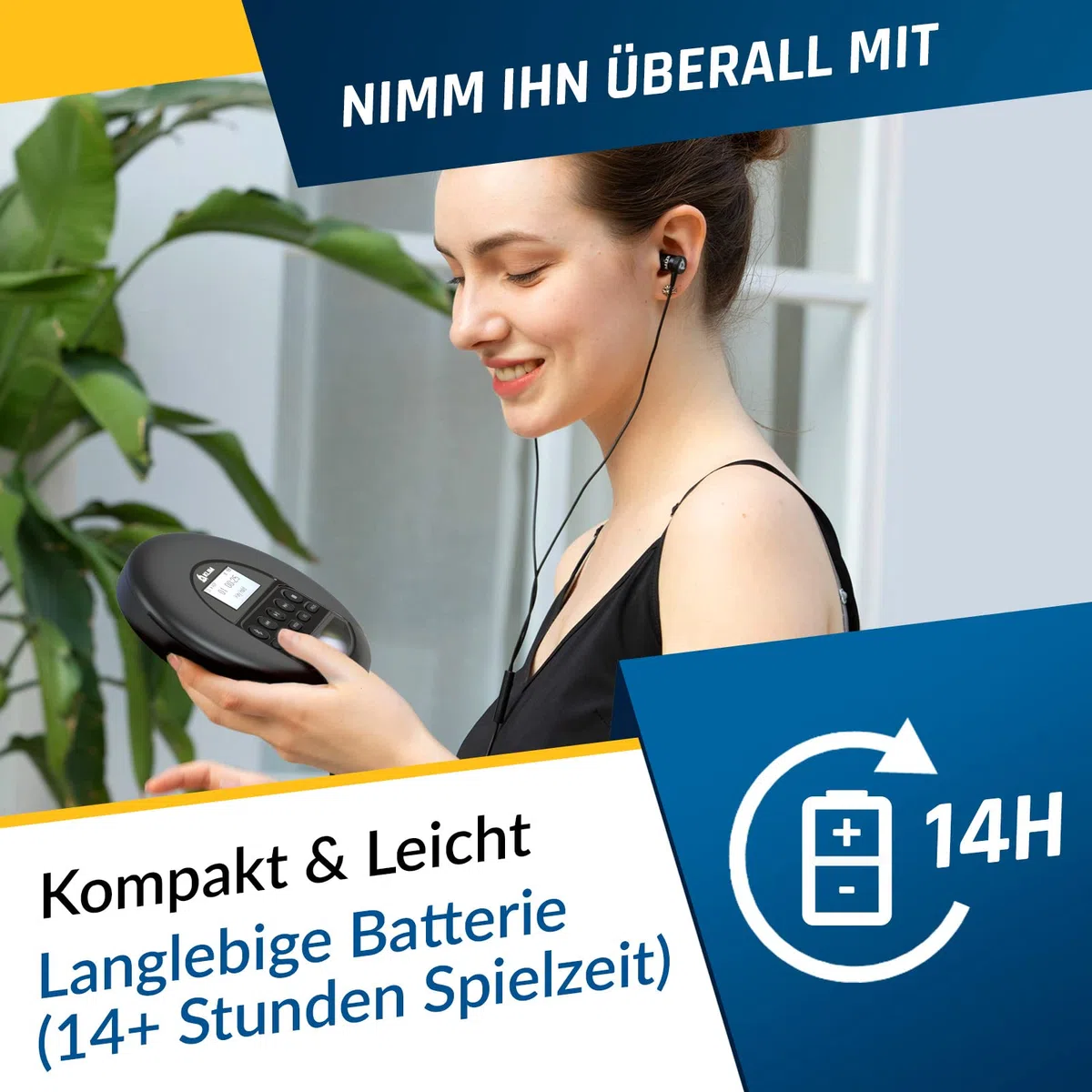 KLIM Nomad CD Player Bluetooth – Tragbarer Discman mit langlebigem Akku – Inklusive Kopfhörer – CD-R, CD-RW, MP3 – Mit TF-Reader, FM-Radio – Ideal für Autos – Tragbarer Musik-Player