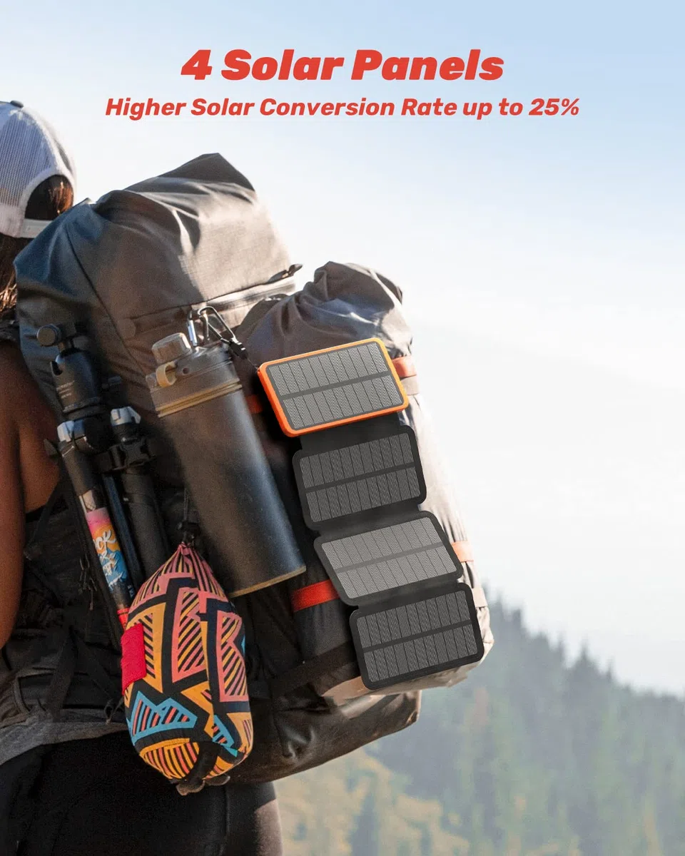 Solar Ladegerät Power Bank 27000mAh - BRENCIL Solar Powerbank 3A Schnelles Aufladen 3 Ausgängen mit 4 Faltbaren Solar-Panels Tragbares Ladegerät für Handys, Tablets (Orange)