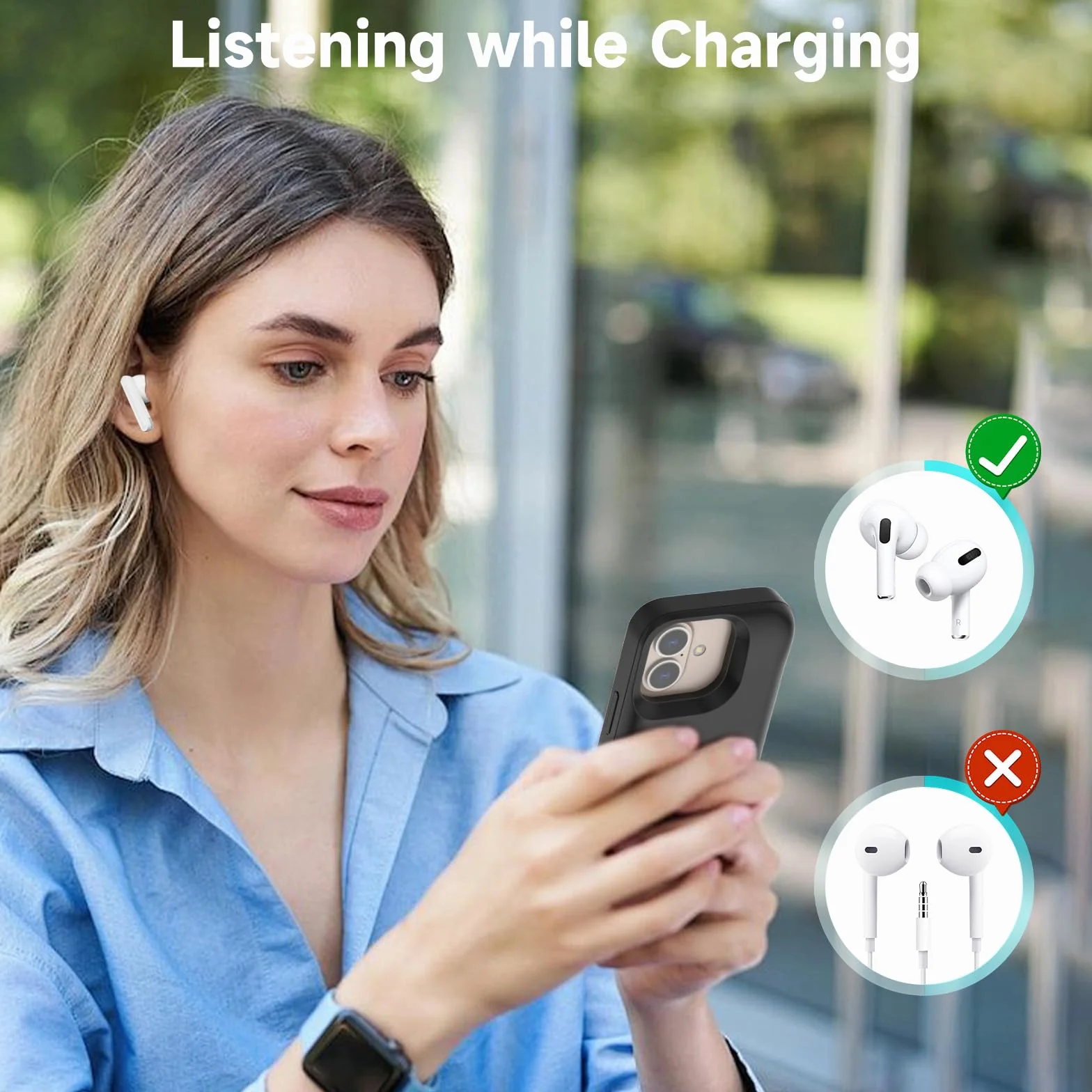 Akkuhülle für iPhone 16 (6.1") 8500 mAh, Schlanke Wiederaufladbare Erweiterte Ladehülle, Tragbare Schützende Telefonhülle mit Akku Power Bank mit Standfuß für iPhone 16 – Schwarz