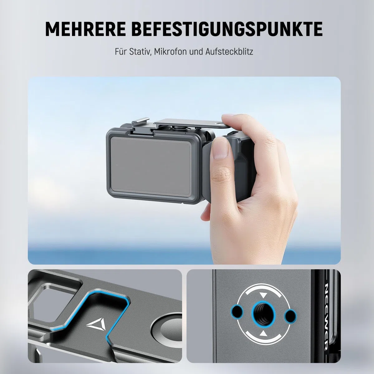 NEEWER Cage und Side Handle Set kompatibel mit DJI Osmo Action 5 Pro / 4/3, Schutzvorrichtung aus Metall mit magnetischer Adapterhalterung, Cold Shoe Shutter Extender Bar, dunkelgrau, AC014+AC034