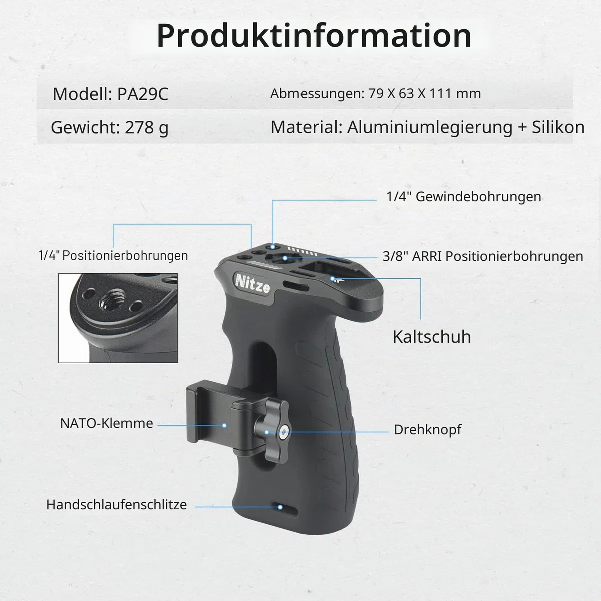 Nitze Ergonomischer Seitengriff mit NATO-Klemm, Side Handle NATO-Clamp für Linke Oder Rechte Hand, Mini-Seitengriff with Built-in Cold Shoe Nach Oben und Unten Verstellbar für Kamerakäfig-PA29C