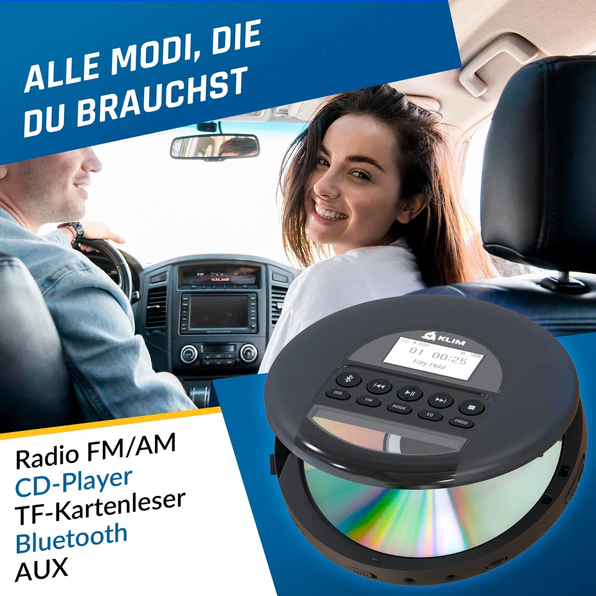 KLIM Nomad CD Player Bluetooth – Tragbarer Discman mit langlebigem Akku – Inklusive Kopfhörer – CD-R, CD-RW, MP3 – Mit TF-Reader, FM-Radio – Ideal für Autos – Tragbarer Musik-Player