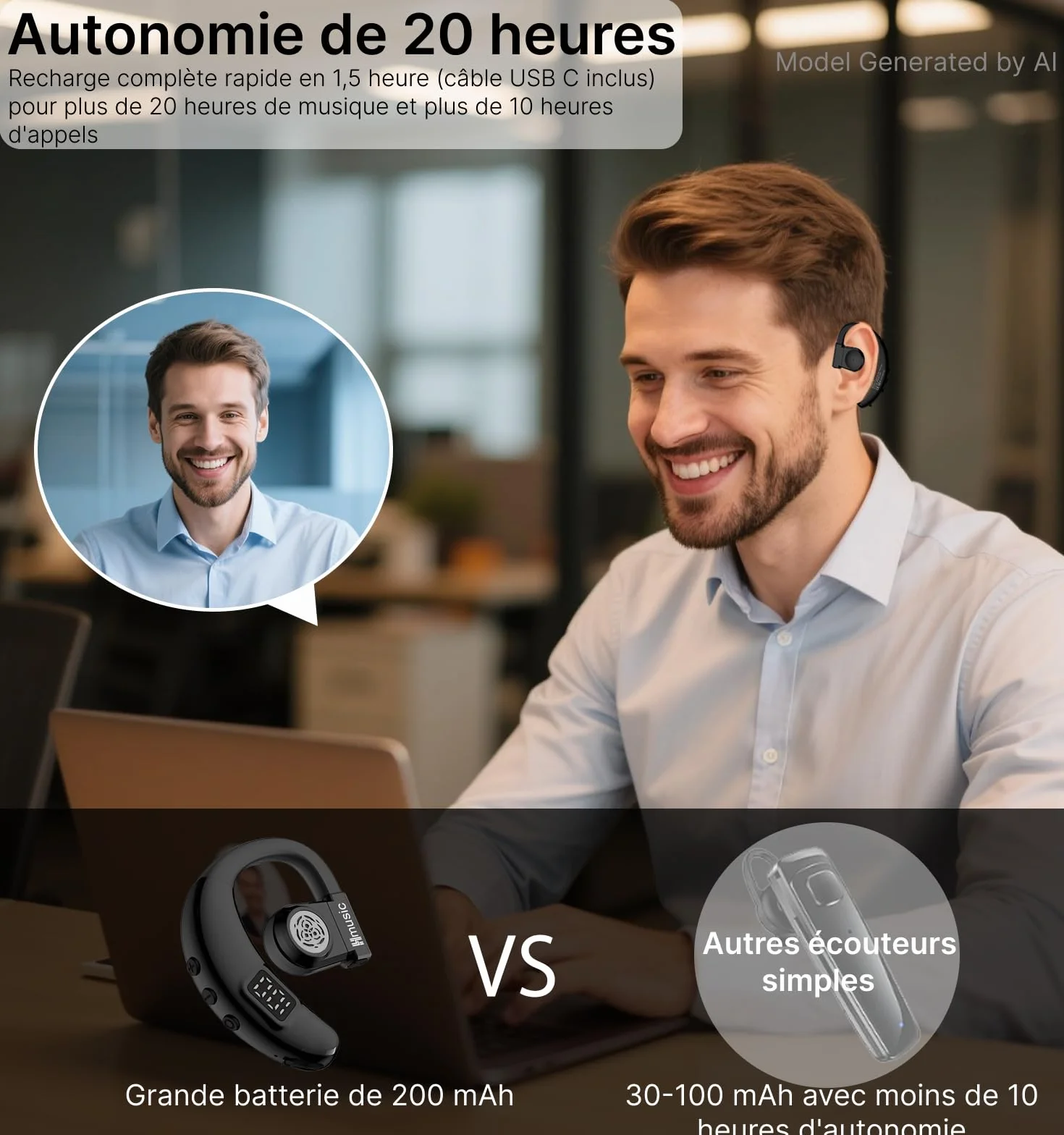 Hmusic Bluetooth Headset, V5.4 Wireless Bluetooth Earpiece, Both Left & Right Ear Wearing, USB C Fast Charging 20 Hrs Playing Time Earphone with ENC Mic for Driving, Truckers, Business, Office (Black)