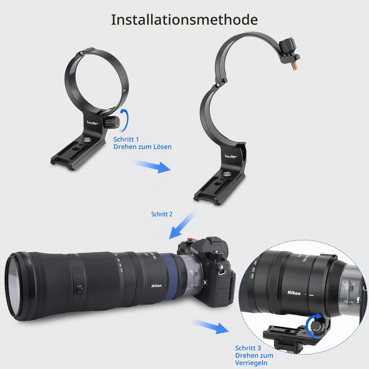 Haoge LMR-Z186 Stativ-Halterungsring für Nikon Nikkor Z 180–600 mm f/5.6–6.3 VR Objektiv-Kragenhalterung, integrierte Arca-Typ-Schnellwechselplatte