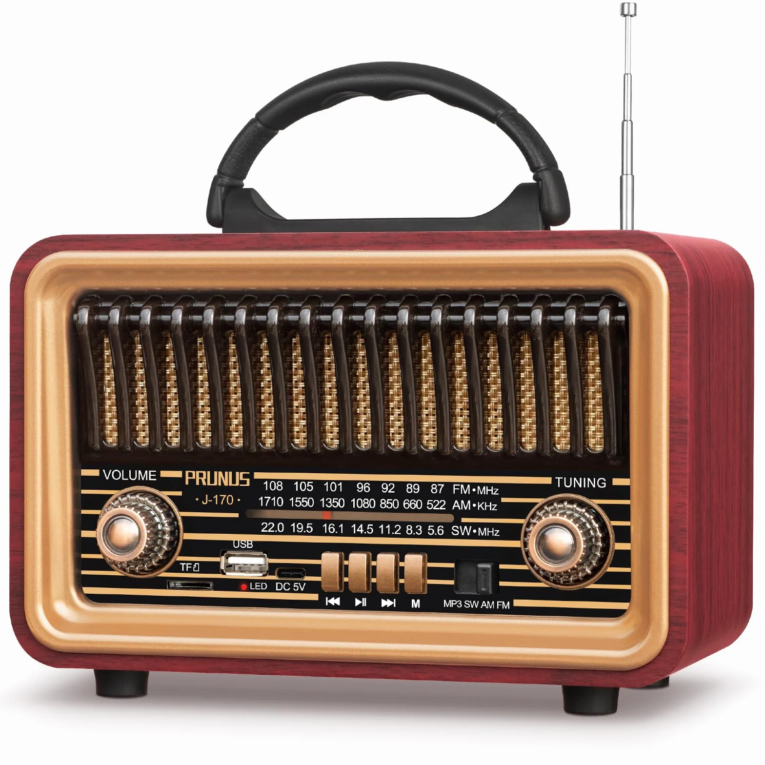PRUNUS J-170 Bluetooth Radio Retro AM/FM/SW, Nostalgie Radio Klein mit 1800mAh Akku, Kofferradio Küchenradio mit lauter Sound, Unterstützt USB/TF/TWS Pairing, Einfaches Radios für Senioren.