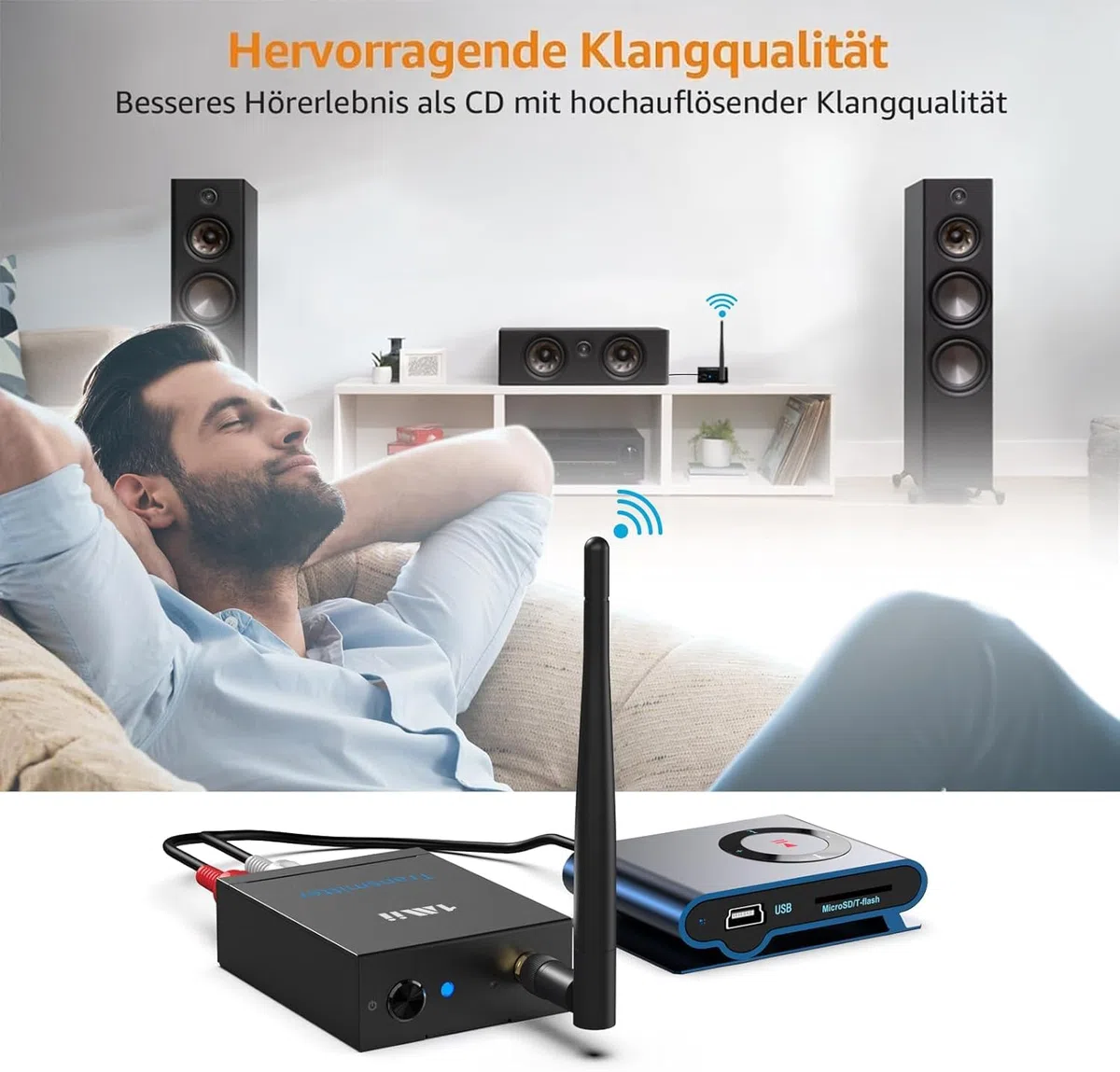 1Mii (1 TX + 1 RX) Drahtlos Audio Sender Empfänger, 2,4 G Funk Übertragung | Low Latency für HiFi-Musik von TV/PC zu Aktivlautsprecher/Verstärker/AV-Receiver, Cinch-Anschluss, 100m Große Reichweite