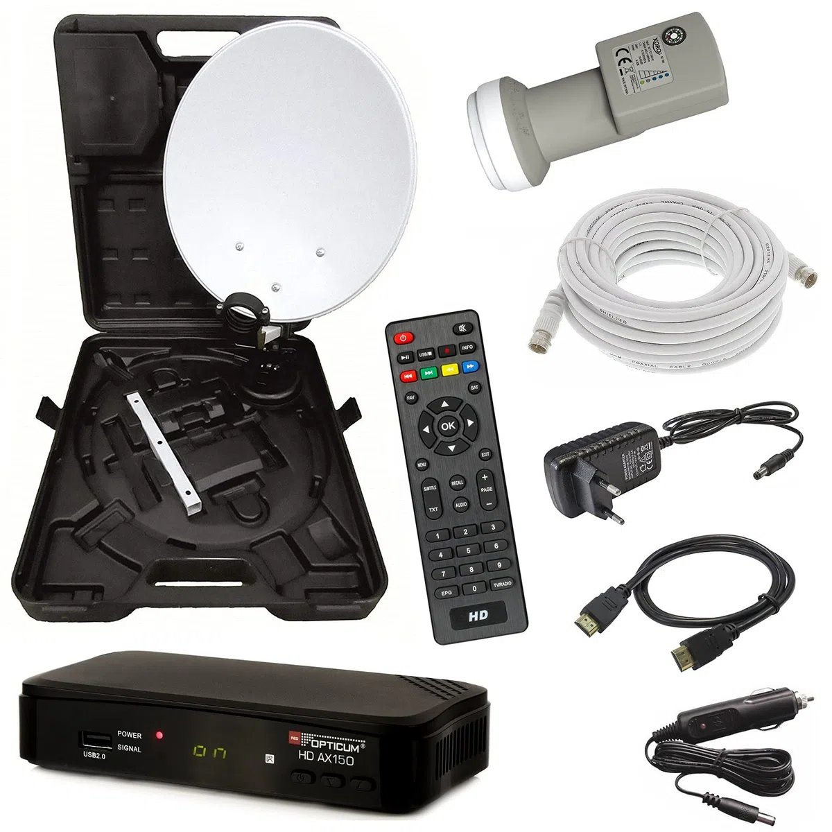 HD Camping Sat Anlage im Koffer 35cm Schüssel mit Digital Easy-Finder Single LNB 0,1dB mit 10m Kabel und HD Sat Receiver für 12 & 230 Volt für mobil SD und HD Empfang