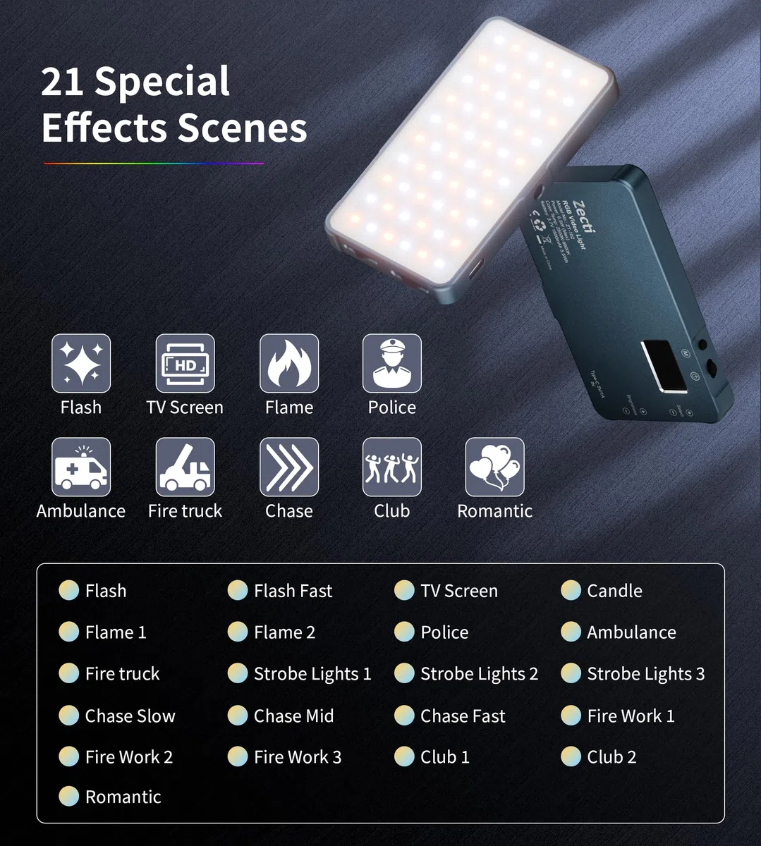 Selfie Licht mit RGB-Vollfarbe, CRI96+ 2500K-8000K Tragbare Kamera Licht LED Videoleuchte mit Hotshoe und Clip, 21 Effekte Fotolicht für Telefone, Laptop, Vlogs, mit Ganzmetall-Design und OLED-Display