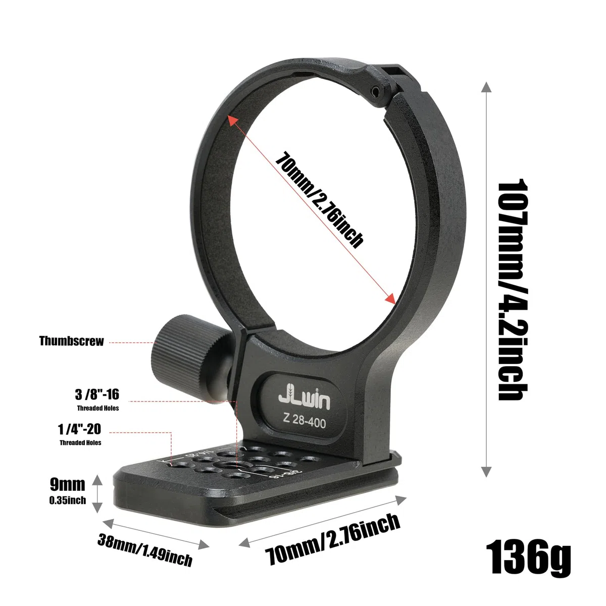 FOTGA Metall-Stativhalterung Objektiv Stativschelle Halterungsring 70mm für Nikon NIKKOR Z 28-400mm f/4-8 VR Objektiv, unten mit 1/4" & 3/8" Schnellwechselplatte für Acra-Swiss Stativ