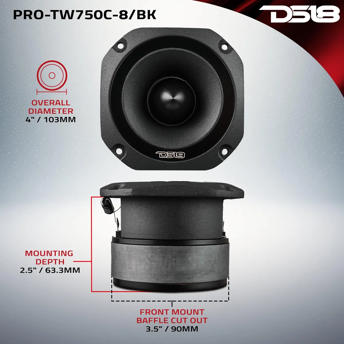 DS18 PRO-TW750C-8/BK 10,2 cm Super Bullet Hochtöner mit 3,8 cm Titan-Schwingspule und übergroßem Ferritmagnet, 200 Watt, 8 Ohm, Schwarz, einzeln