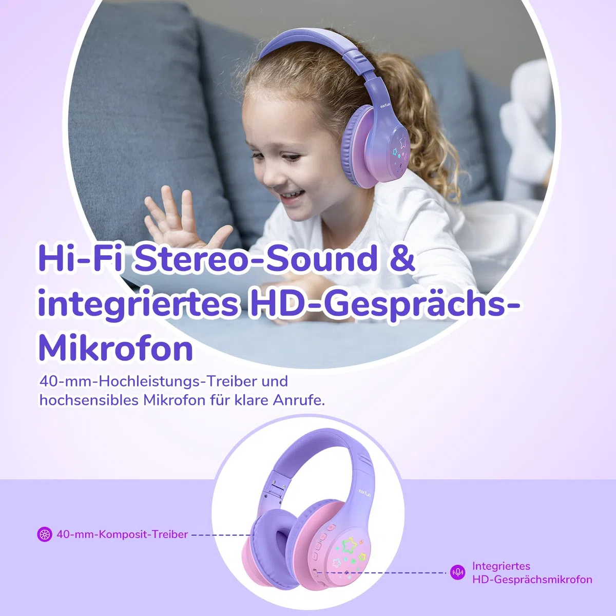 EarFun Bluetooth Kopfhörer Kinder, 5 LED-Beleuchtungsmodi, 74/85/94 dBA Lautstärkebegrenzung, 90 Std Akku, Hi-Fi Klang, HD-Mikrofon, Bluetooth 5.4, Faltbare, Kopfhörer Kabellos Kinder für Schule/Reise