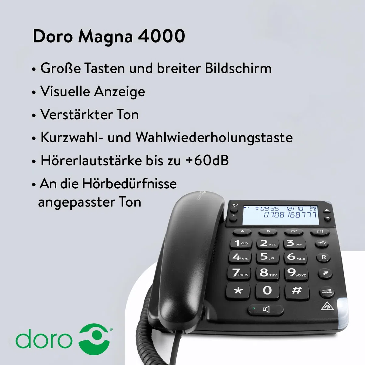 Doro Magna 4000 Schnurgebundenes Großtastentelefon mit großem hintergrundbeleuchtetem Display 6377 Schwarz