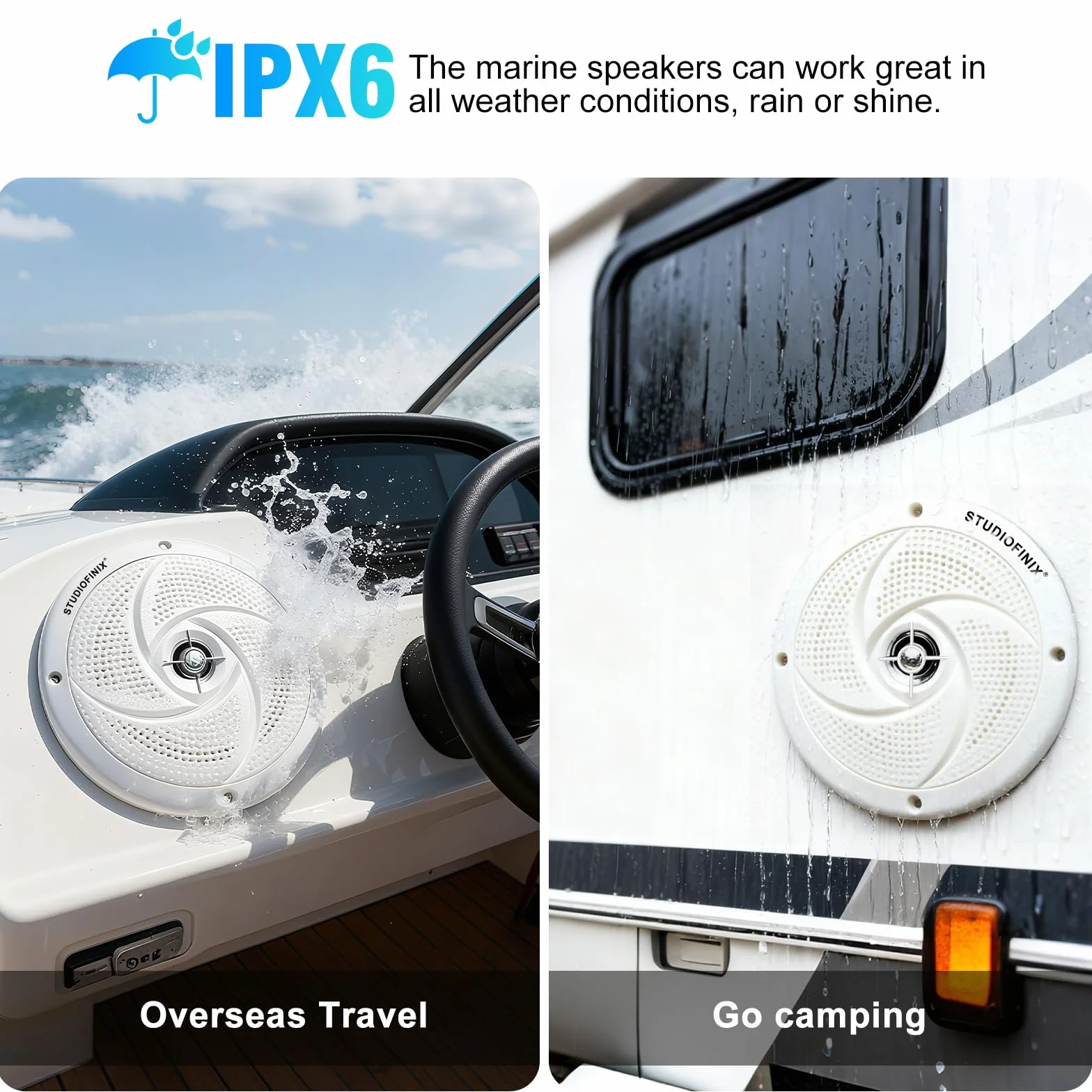 STUDIOFINIX 5,25-Zoll wasserdichte Marinelautsprecher – 160 W, 2-Wege, wetterfestes Outdoor-Boots-Audio mit LED, flach & schlank, für Boote, Wohnmobile u. mehr (2, weiß)