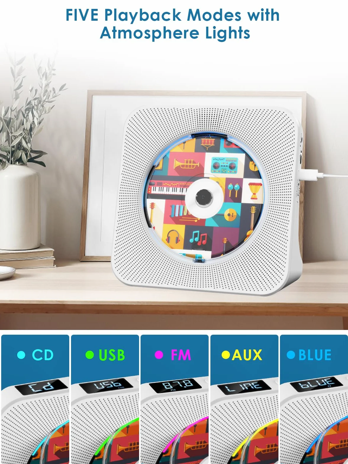 Gueray CD Player Bluetooth CD-Player mit Lautsprecher Unterstützt Fernbedienung Anzeige FM Radio mit CD Players USB- Kartenwiedergabe 3,5 mm AUX Wecker Kopfhöreranschluss Staubschutzhülle