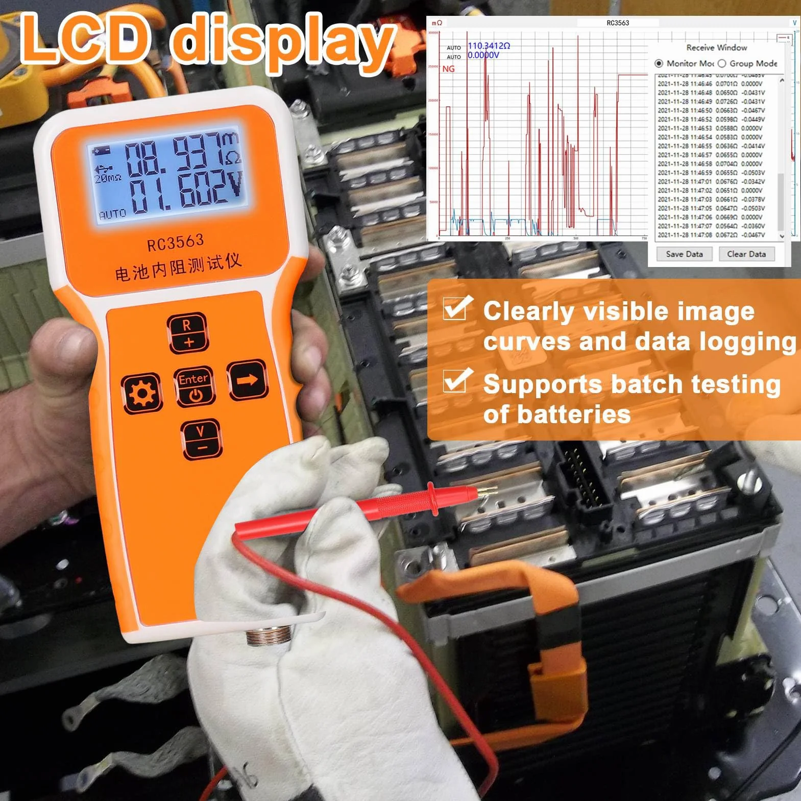 Handgehaltener Batterie-Innenwiderstandsspannungstester, RC3563 200Ω 100V, Batterietester mit 3-stelliger Anzeige, hochpräziser echter Vierleiter-AC-Lithium-Blei-Säure-Lithium-Batterietester