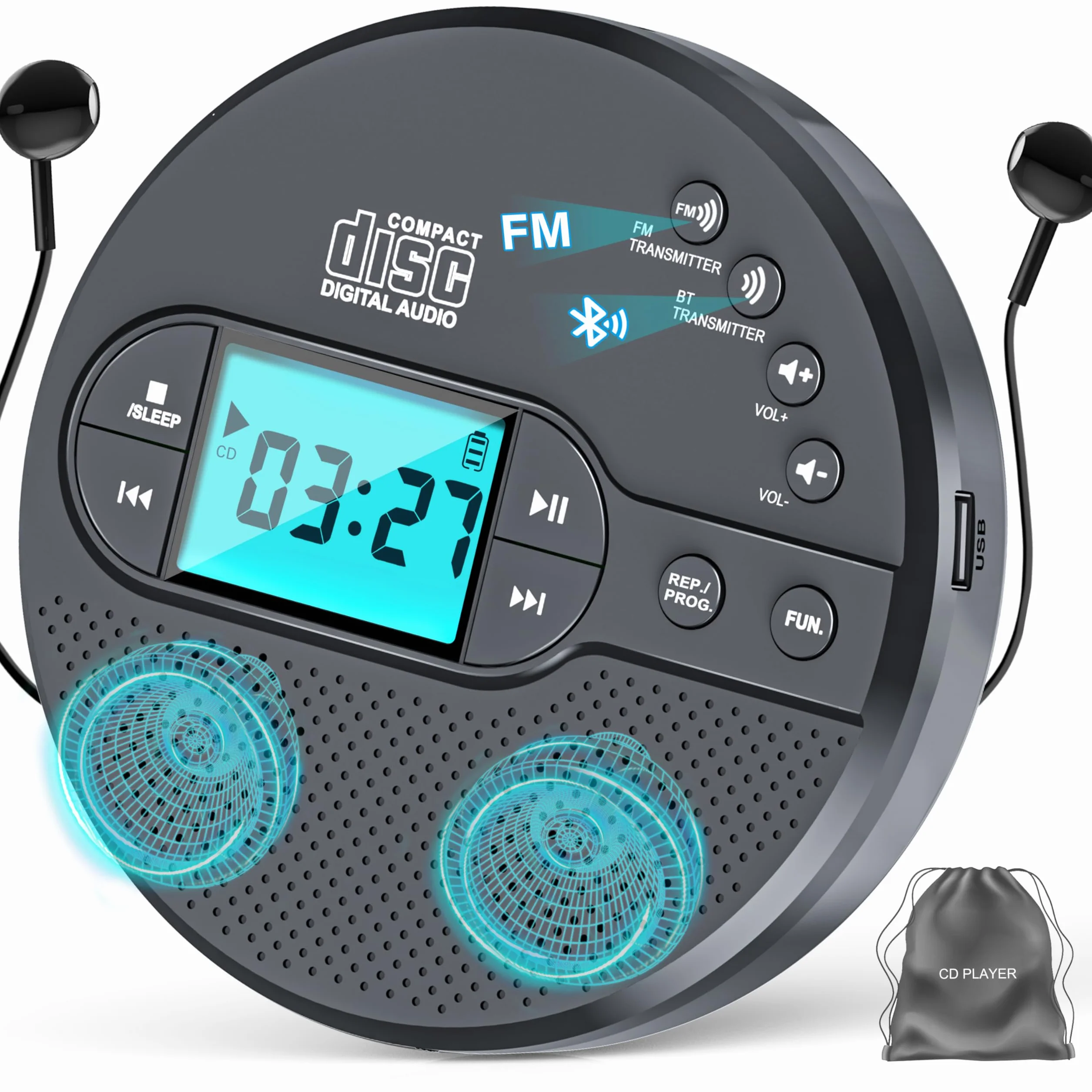 Discman-CD-Player mit Bluetooth-FM-Transmitter, Kopfhörern, LCD-Bildschirm, AUX, integriertem Lautsprecher, USB-Anschluss, 2000mAh wiederaufladbarer CD-Player tragbarer mit Anti-Skip-Schutz