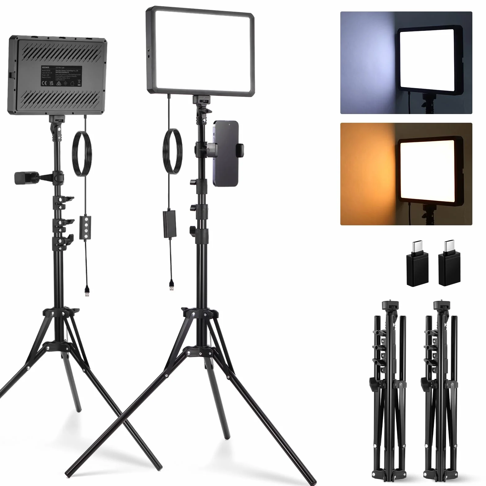 NEEWER Basics 2 Pack LED Video Light Panel mit 59''/150cm Stativständer & Telefonhalter, 2700 6500K 850Lux Bi Color Dimmbare Studiobeleuchtung für Fotografie Filmen Aufnahme Live Streaming, BP300