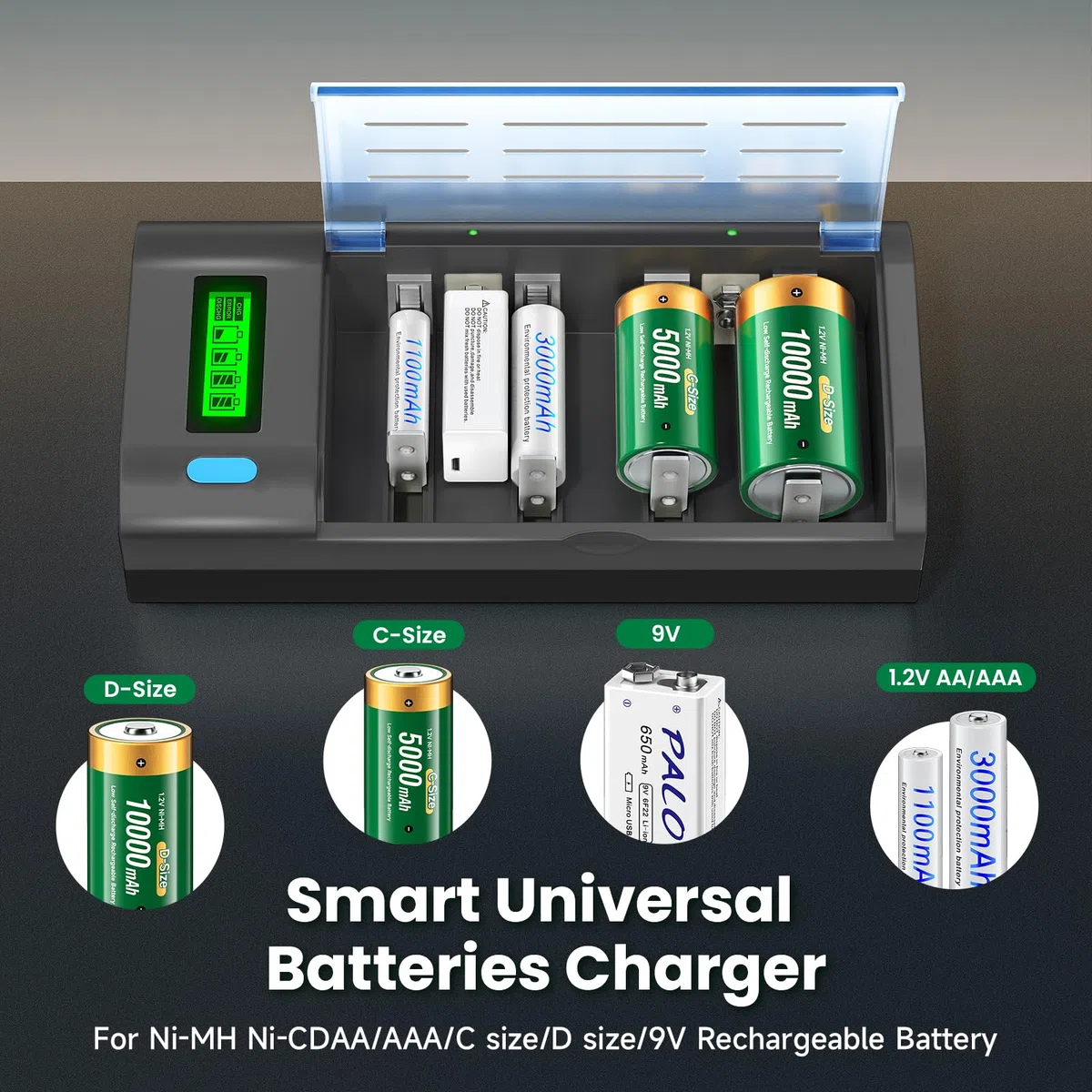 Baby C Akku mit Universal Ladegerät für AA/AAA/C/D 9V NI-MH Akkus, 4 Stück 5000mAh Wiederaufladbare C Batterien Akkus mit Type C Input LCD Anzeige Batterienladegerät