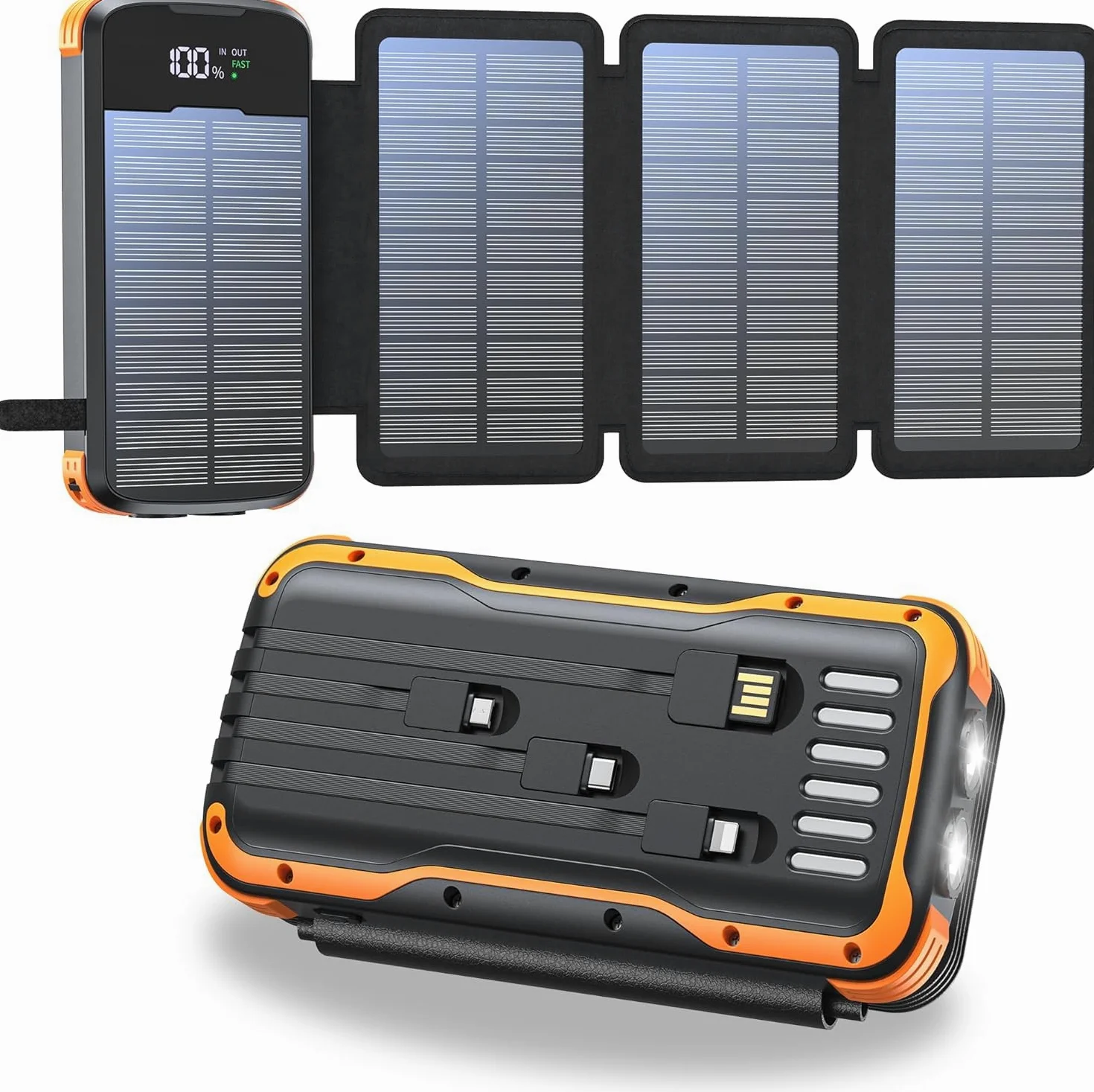 Solar Powerbank 20000mAh, Tragbare Ladegerät mit 4 Faltbar Externes Solarpanel ladegeräte 4 Integrierten Kabeln, Solar Power Bank Externer Akku mit 2 LED Taschenlampe für Smartphones, Tablets (Orange)