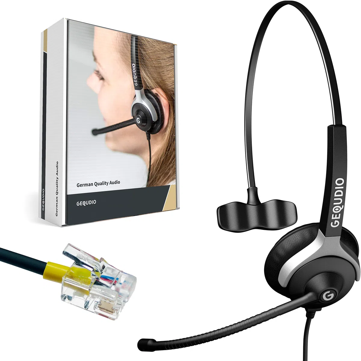 GEQUDIO Headset für GX- und GZ-Serie kompatibel für GX5+ GX7+ GZ-2 GZ-6 GZ-8, Poly/Polycom und Gigaset-RJ Telefon - inklusive RJ Kabel - Kopfhörer & Mikrofon mit Ersatz Polster - 60g leicht (1-Ohr)