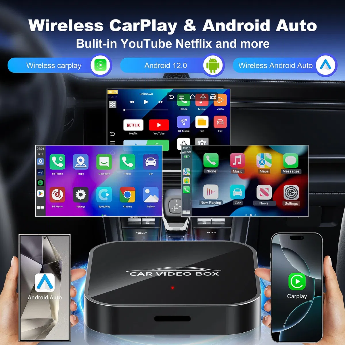 Wireless CarPlay & Android Auto Adapter mit YouTube/Netflix/TF-Karte,2025 Upgrade CarPlay 2GB+16GB AI Box Stabiler für Fahrzeuge mit kabelgebundenem CarPlay ab 2016,Plug & Play Mit USB-A & USB-C Kabel
