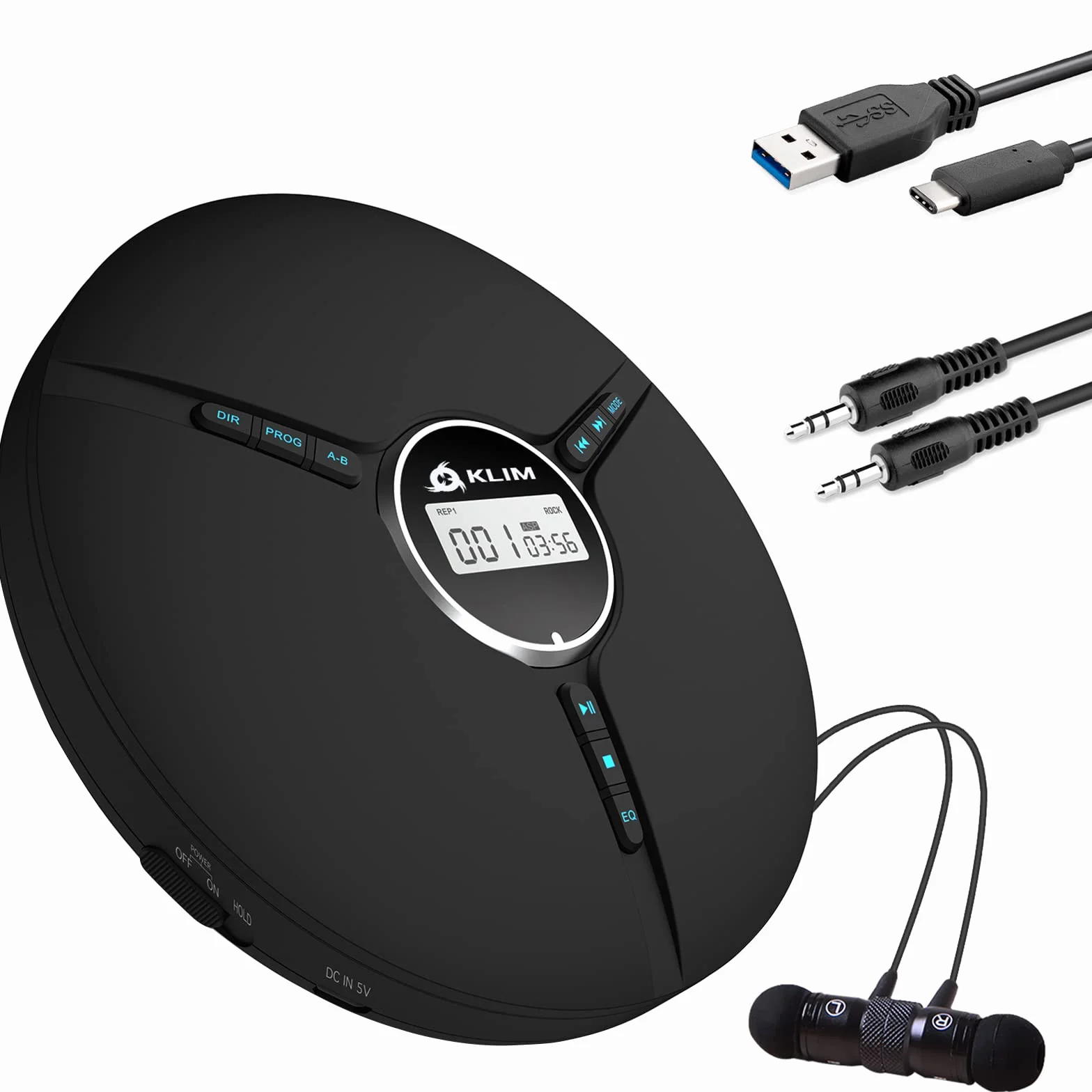 KLIM Discman - Tragbarer CD Player mit eingebautem Akku - NEU - inklusive KLIM Fusion Kopfhörer Kompakter Mini Portable CD Player, kompatibel mit CD-R, CD-RW und MP3 - Schwarz