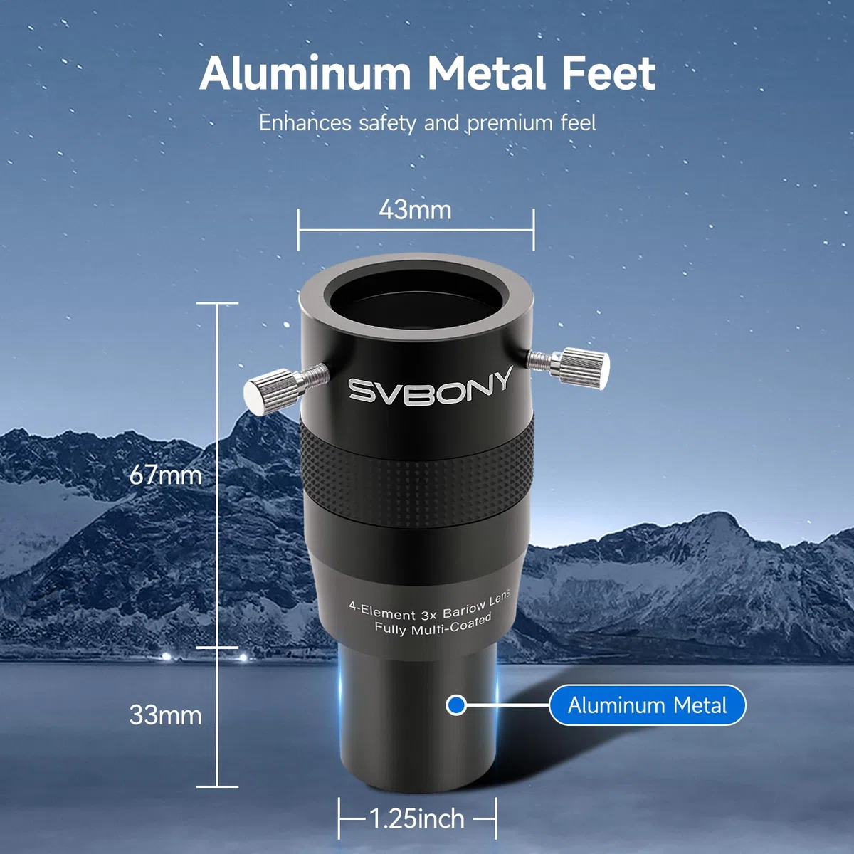 Svbony SV216 Barlowlinse 3X, 1,25 Zoll Metall Barlow 4-Elemente Apochromatisches FMC Teleskoplinse für Teleskopokulare Planetenbeobachtung