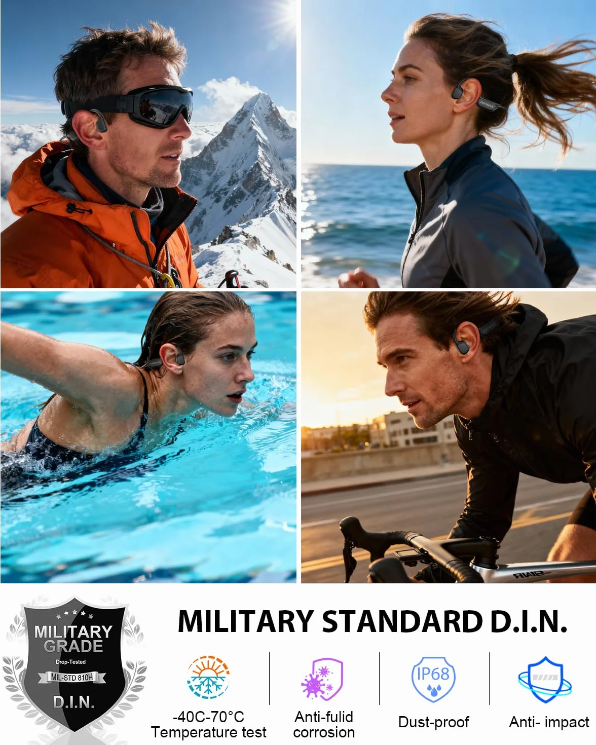 Militär Knochenschall Kopfhörer, Bluetooth 6.0, IP68 wasserdichte Schwimmen Sportkopfhörer mit MP3-Player 8G Speicher, 12h Laufzeit Windschutz Open Ear Sportkopfhörer, Schwimmen/Laufen/Radeln