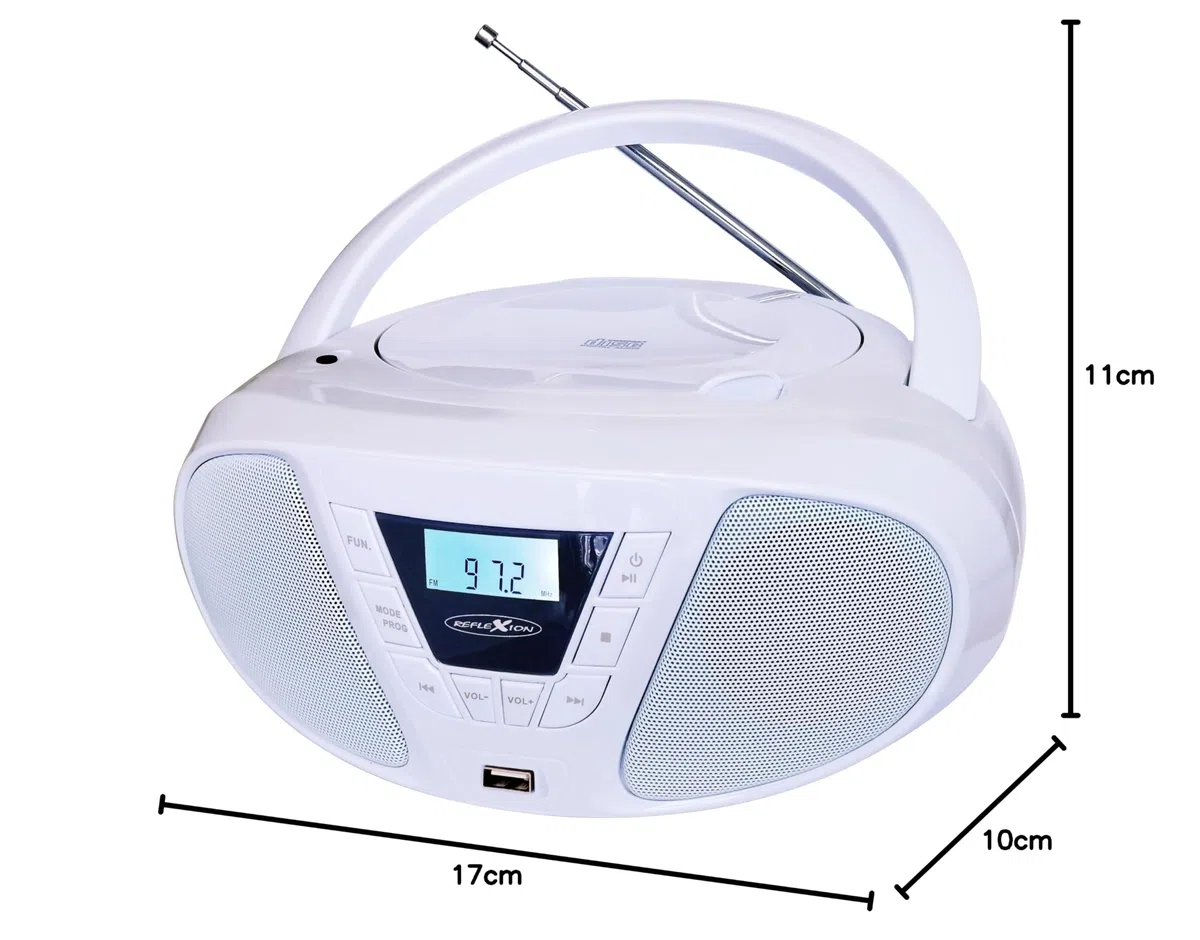 REFLEXION CDR614UWH, Tragbares CD-UKW-PLL-USB-Stereo Radio (2x16 Watt max. Musikleistung), USB für MP3-Wiedergabe, 3,5mm AUX-IN Anschluss, Programmier-Funktion (CD: 20 Tracks), Weiß