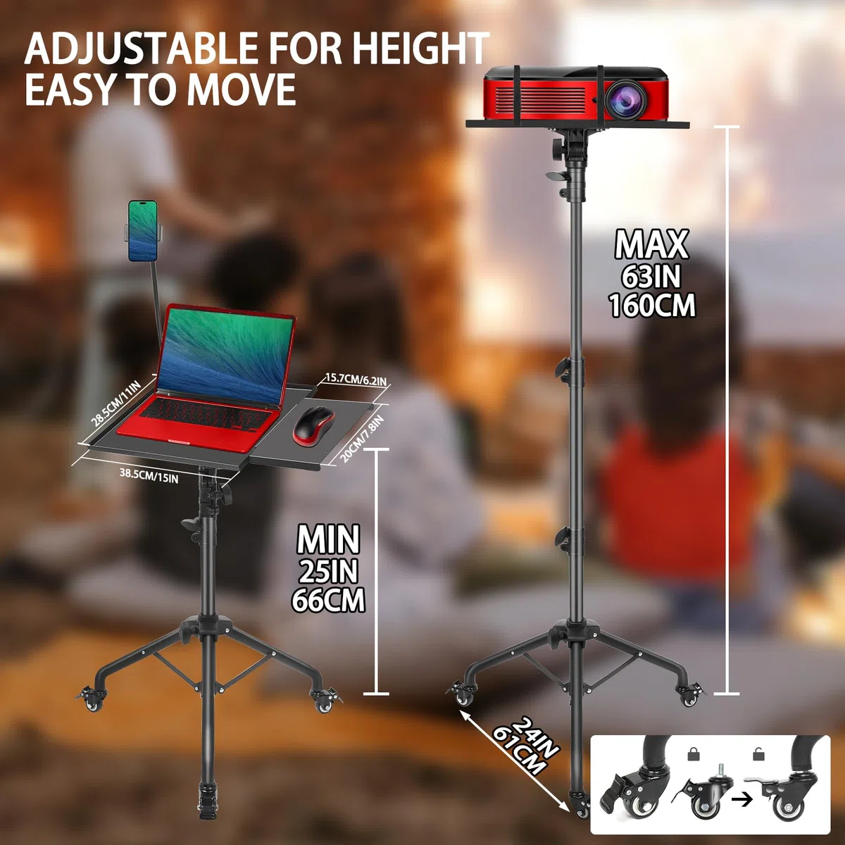 GlobalCrown Beamer Ständer Dreibein höhenverstellbar (66-160cm),Beamer stativ tragbarer Laptop-Bodenständer mit Mausablage & Telefonhalter,Stativ mit Rädern für Büro,Zuhause,Bühne,Podium,DJ Racks