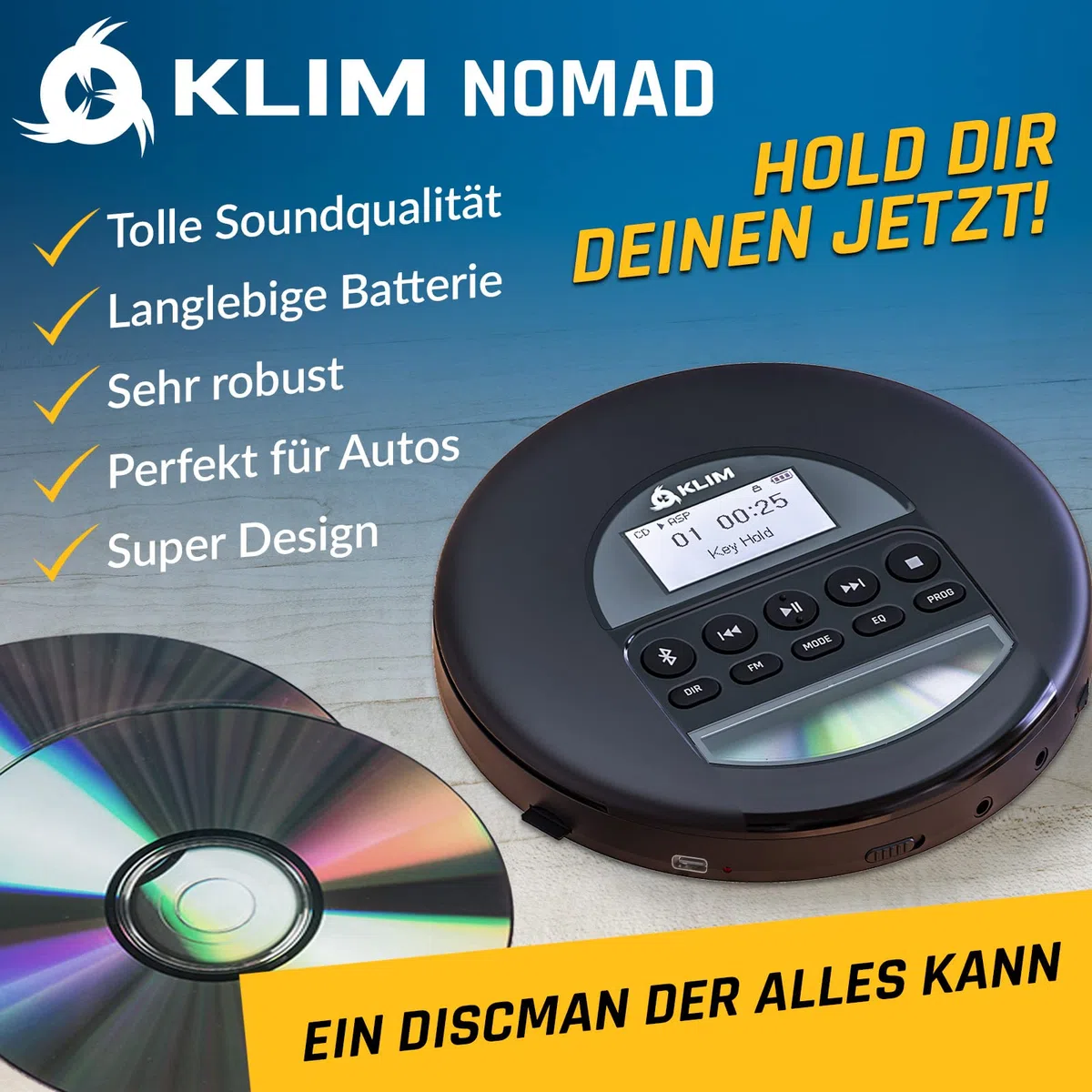 KLIM Nomad CD Player Bluetooth – Tragbarer Discman mit langlebigem Akku – Inklusive Kopfhörer – CD-R, CD-RW, MP3 – Mit TF-Reader, FM-Radio – Ideal für Autos – Tragbarer Musik-Player