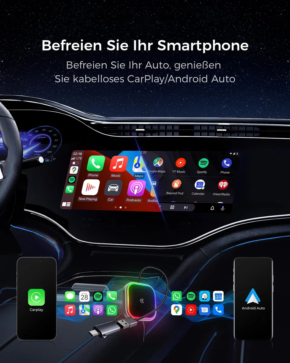 CarPlay und Android Auto Wireless Adapter 2 In 1, V5.3 Bluetooth Stabile Verbindung, Dualband WiFi 6 Schnelle Datenübertragung, USB C/A, für Apple iPhone iOS 10+, Smartphone Android 11+