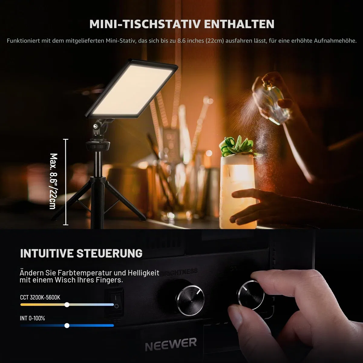 NEEWER 9" LED Videolicht Panel dimmbares weiches Licht für DSLR Kamera mit Mini Stativ 4000mAh Akku USB Type C Anschlüsse 3200K~5600K CRI95+ 600Lux Fotografie Videoaufzeichnung Live Streaming NL-116AI