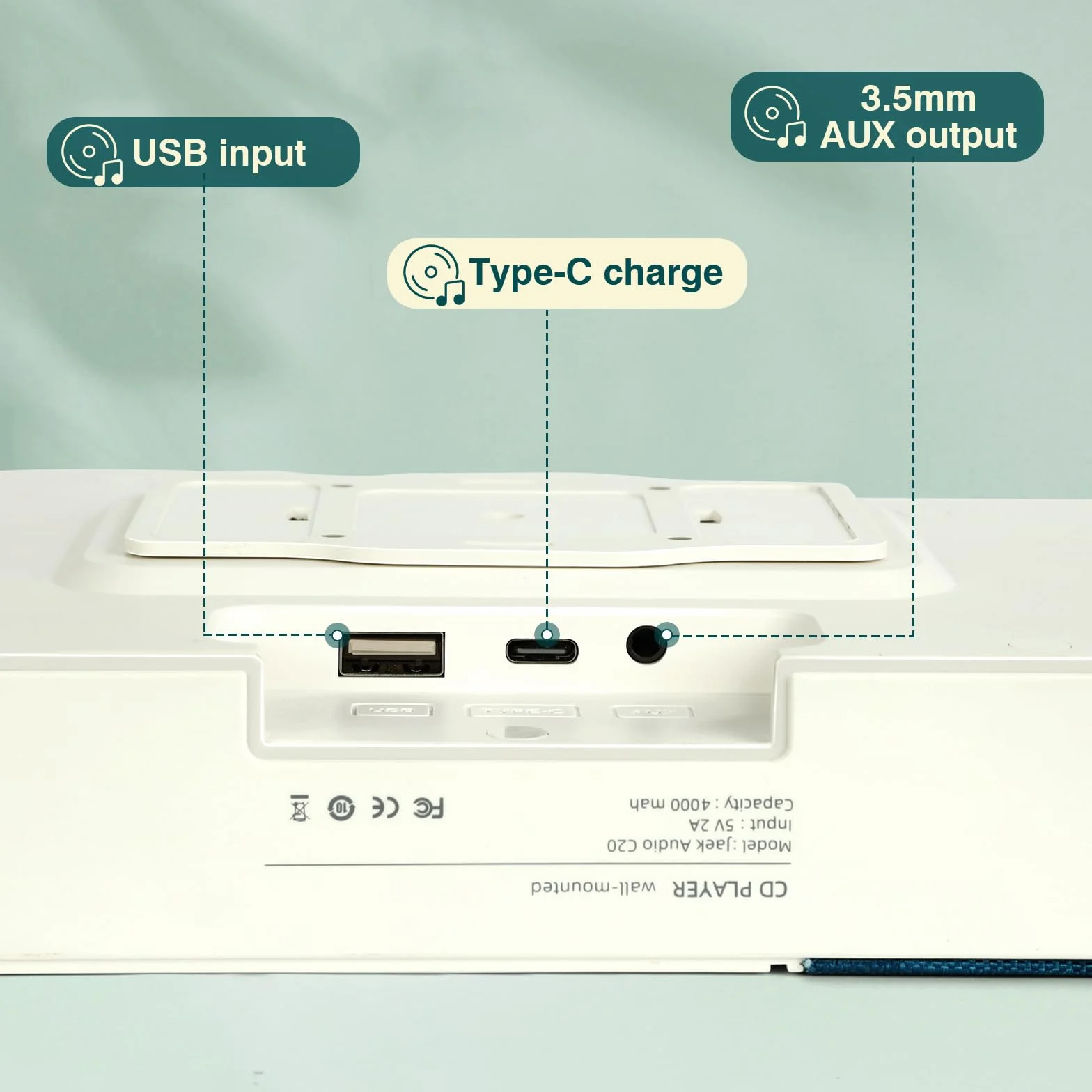Wandmontierbarer Retro-CD-Payer-Musik-Player, USB, Bluetooth-kompatibel, AUX-Eingang, Heim-Audio-Lautsprecher, 4000 mAh, mit Fernbedienung, für Heimdekoration (grün)