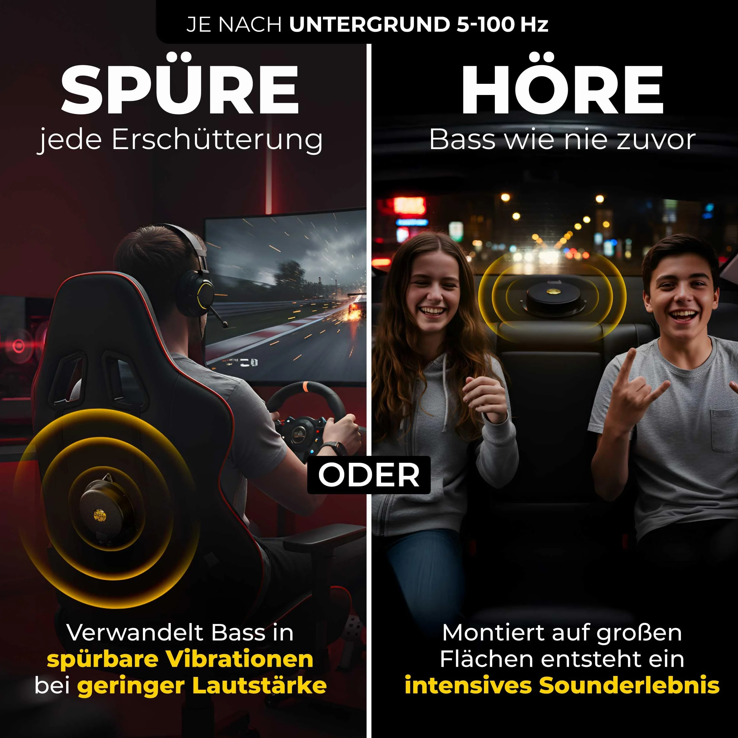 Sinuslive bassPUMP 4 Ohm Körperschallwandler, 50 W RMS Bass-Shaker für spürbaren Bass, Heimkino, Gaming-Stuhl, Sofa, Auto und SIM Racing, Body Shaker - 4 Ohm schwarz