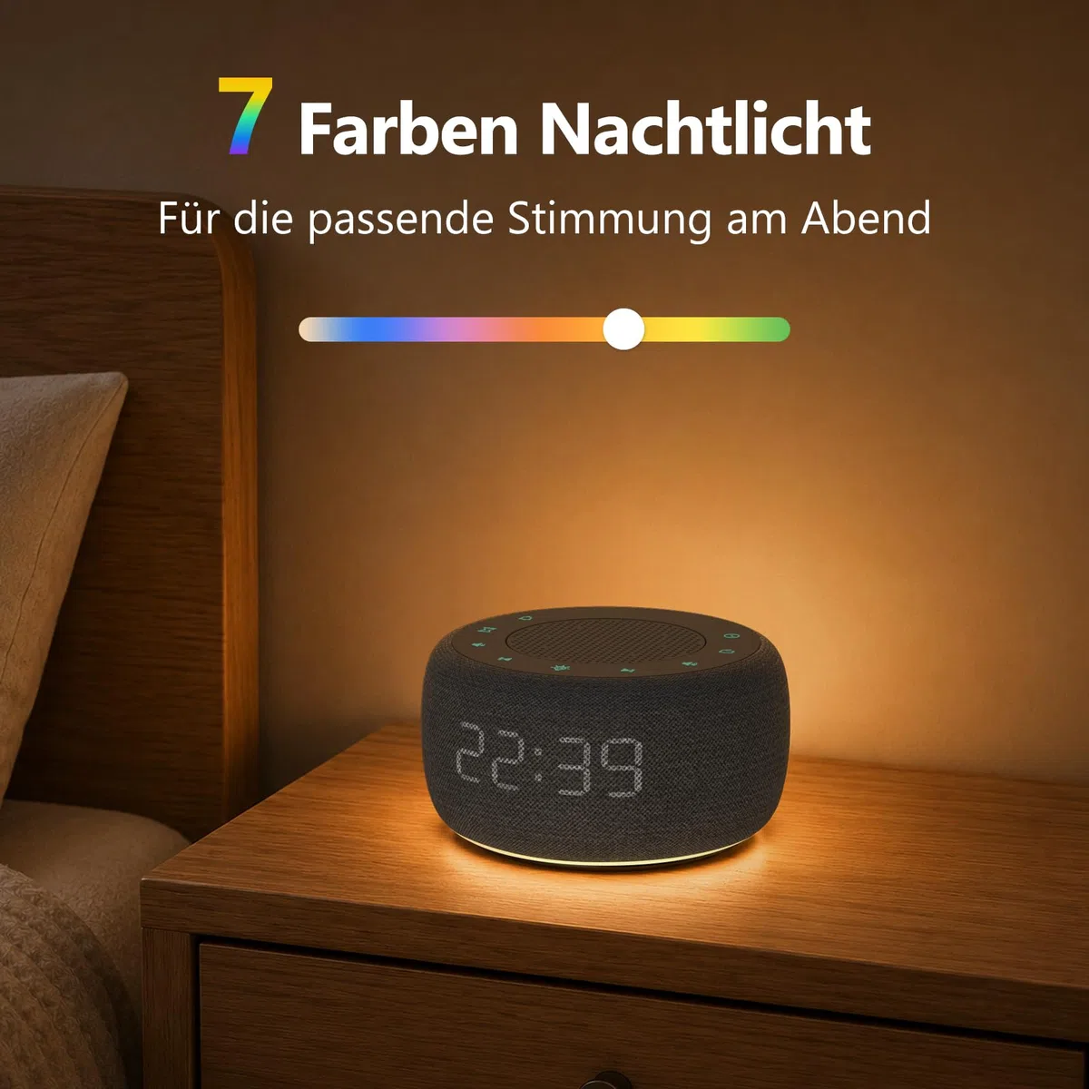 Buffbee Digitaler Radiowecker für das Schlafzimmer - 7-farbiges Nachtlicht, High-Fidelity-Klangqualität mit nach oben gerichtetem Lautsprecher, 4 Wecktöne, Full Range Display Dimmer für den Nachttisch
