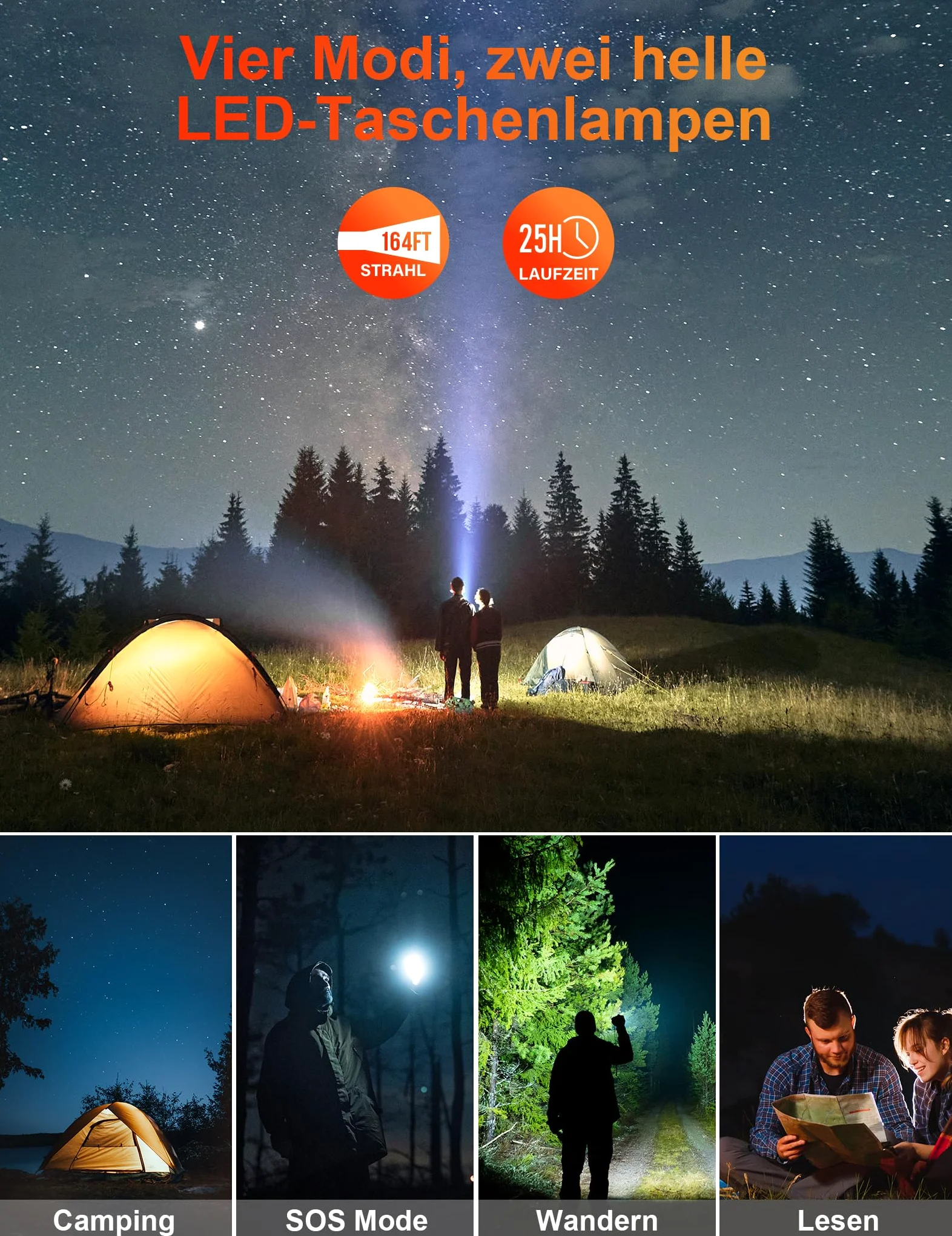 Solar Powerbank 20000mAh, Tragbare Ladegerät mit 4 Faltbar Externes Solarpanel ladegeräte 4 Integrierten Kabeln, Solar Power Bank Externer Akku mit 2 LED Taschenlampe für Smartphones, Tablets (Orange)